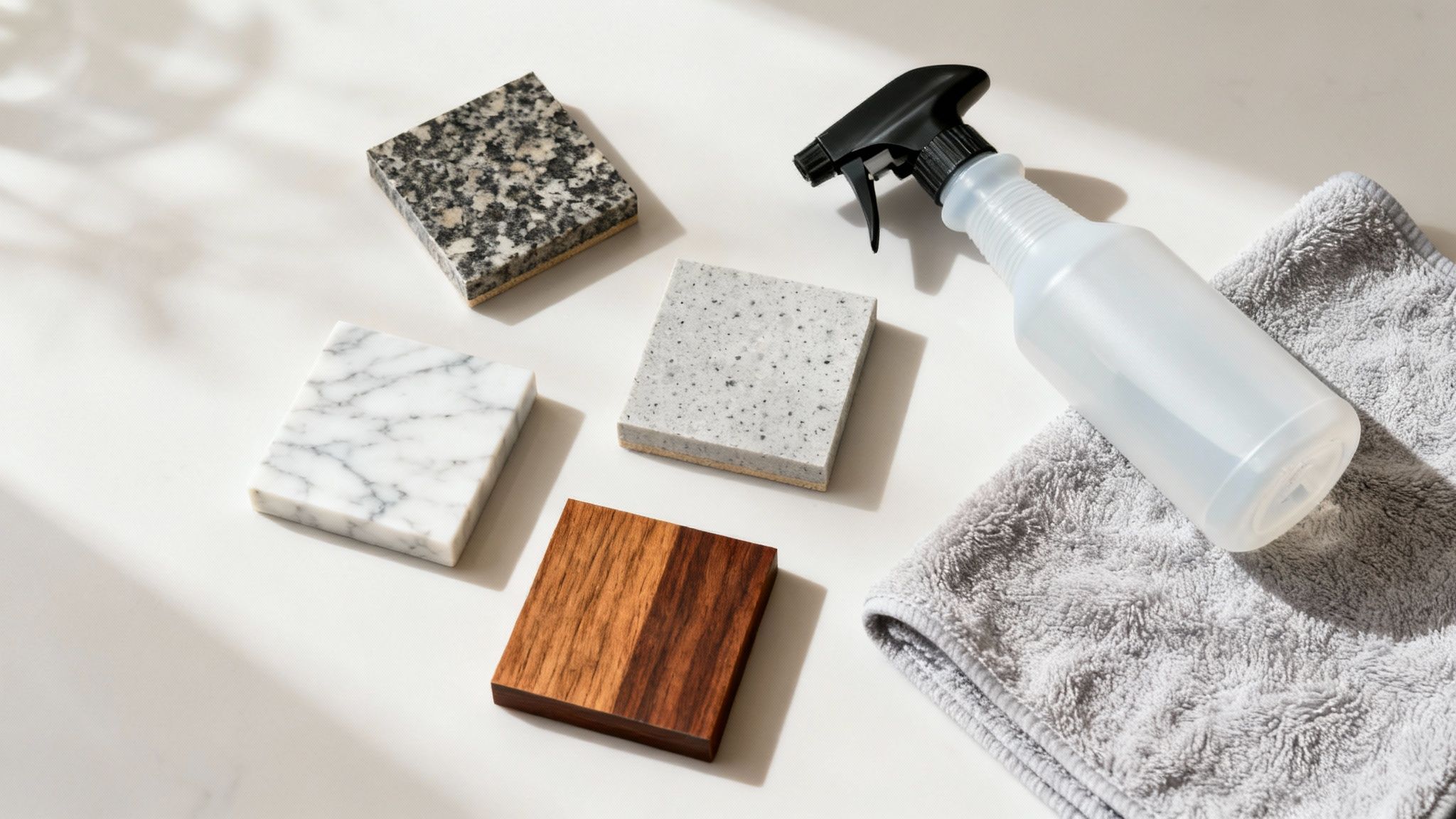 A person gently wiping a clean, white marble countertop with a microfiber cloth and a spray bottle nearby.