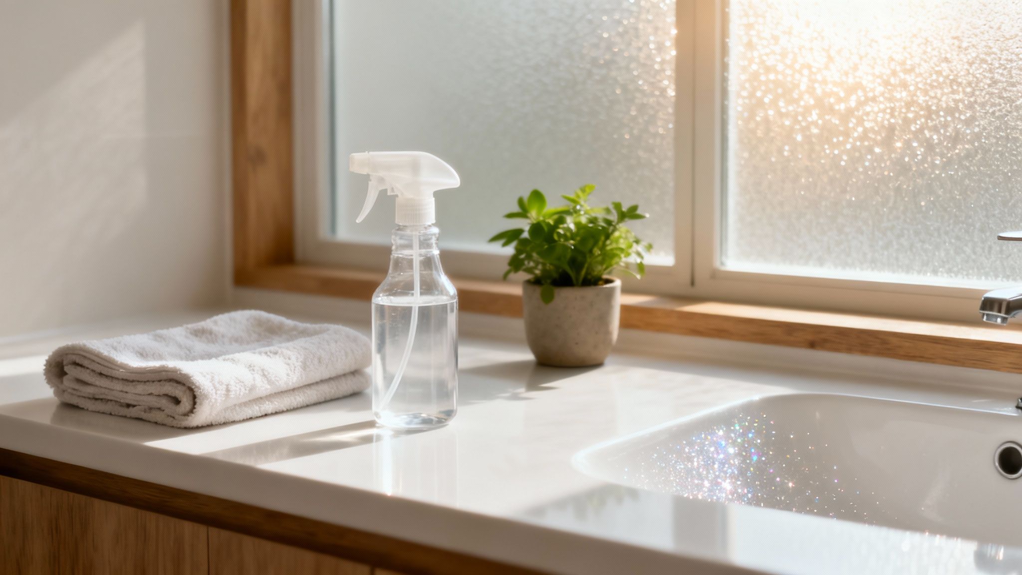 A clean bathroom counter with a folded towel, spray bottle, plant, and sparkling sink under a sunny window.