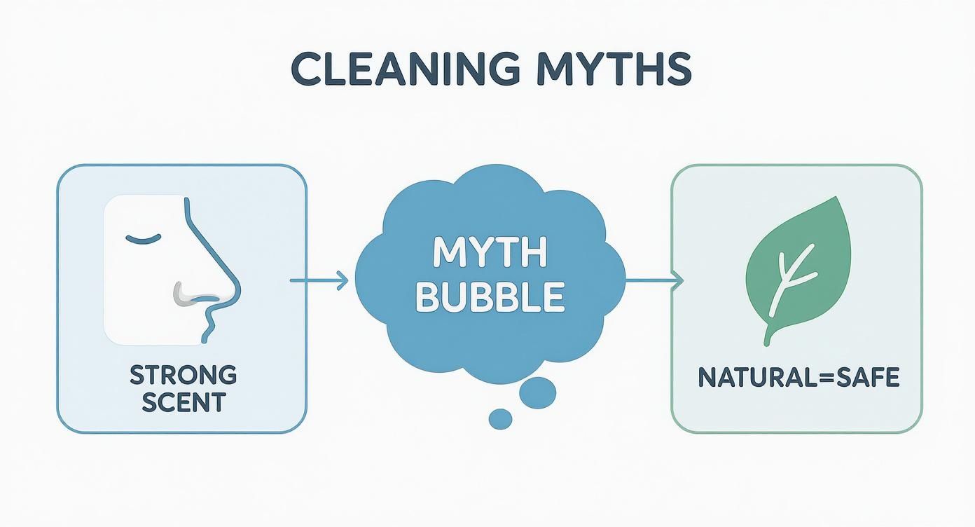 Infographic about cleaning myths, showing that a strong scent and a 'natural' label do not guarantee safety.