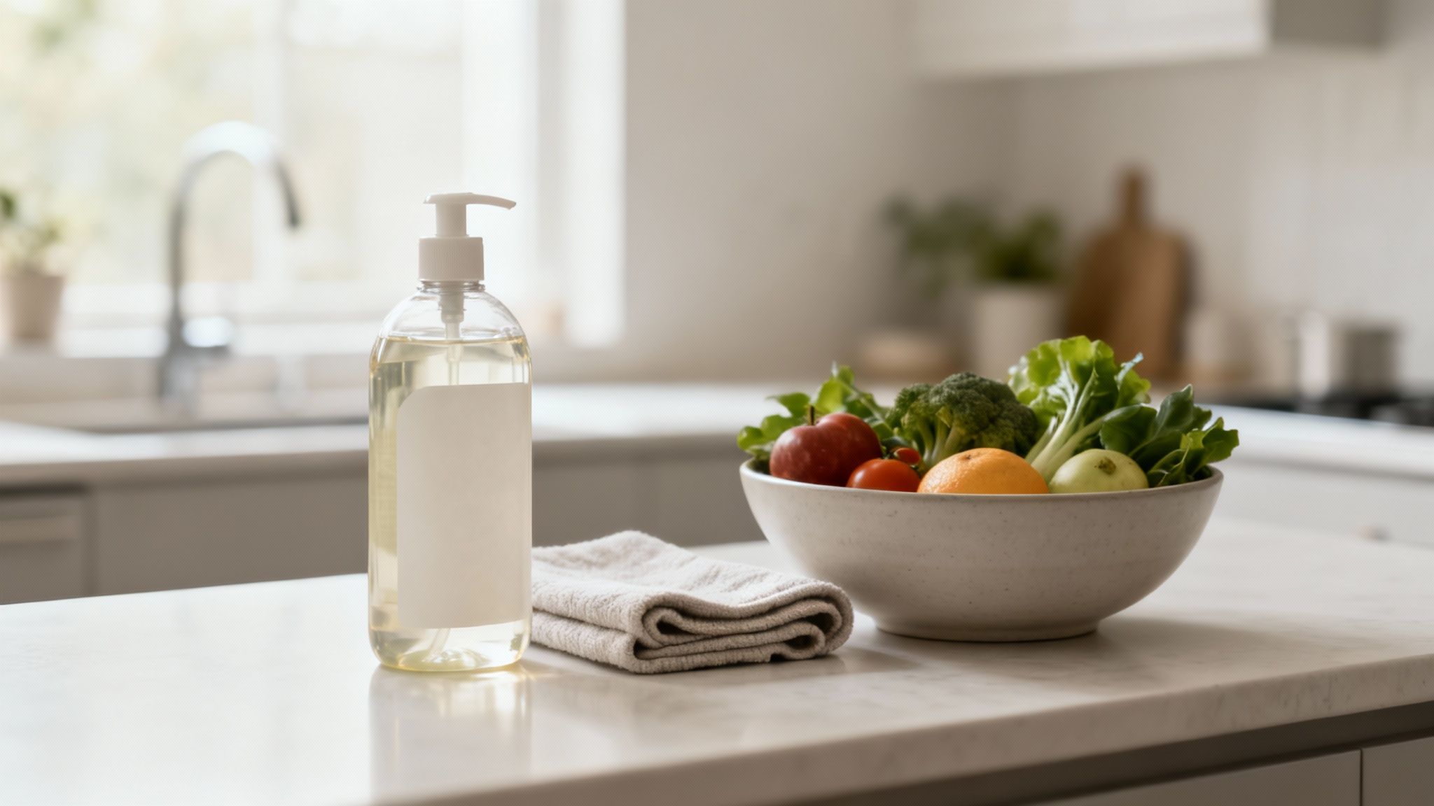 A collection of various produce washes and soaps on a kitchen counter