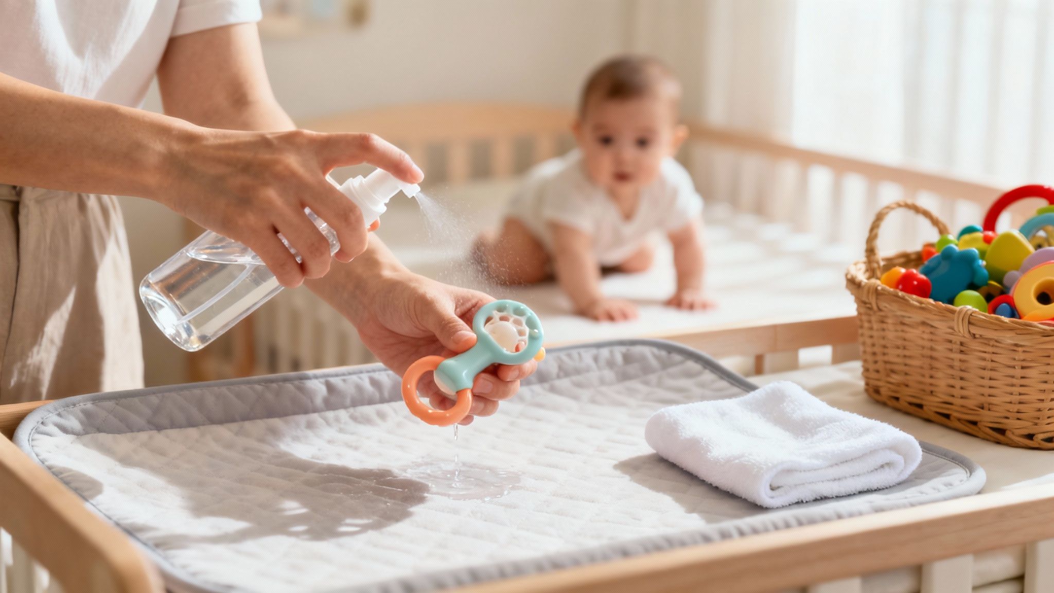 Parent spraying disinfectant on baby teething toy over changing table with infant watching