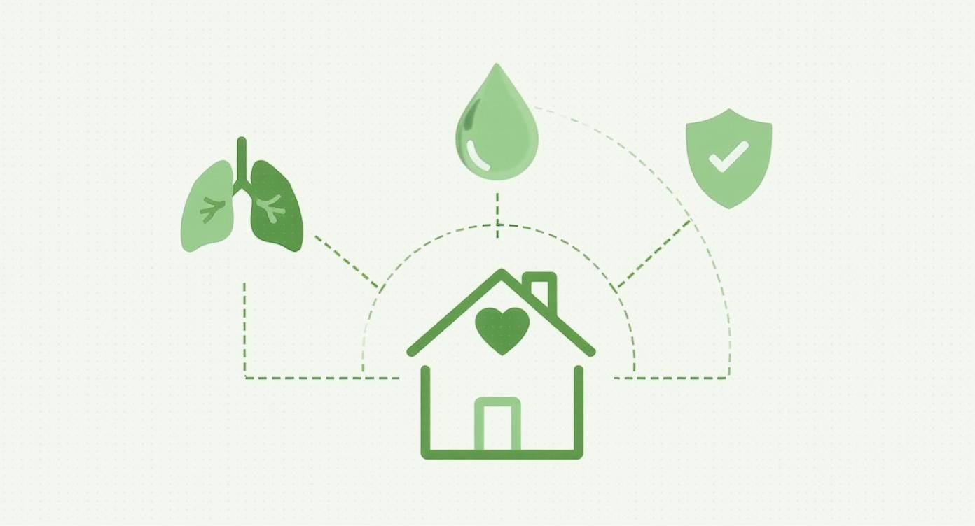 An infographic showing the benefits of fragrance-free cleaning, with icons for health, purity, and safety linked to a central icon of a home.