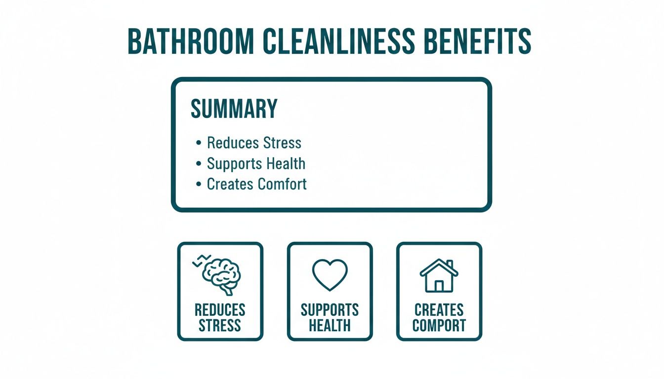 Infographic detailing benefits of a clean bathroom, including reduced stress, improved health, and comfort.
