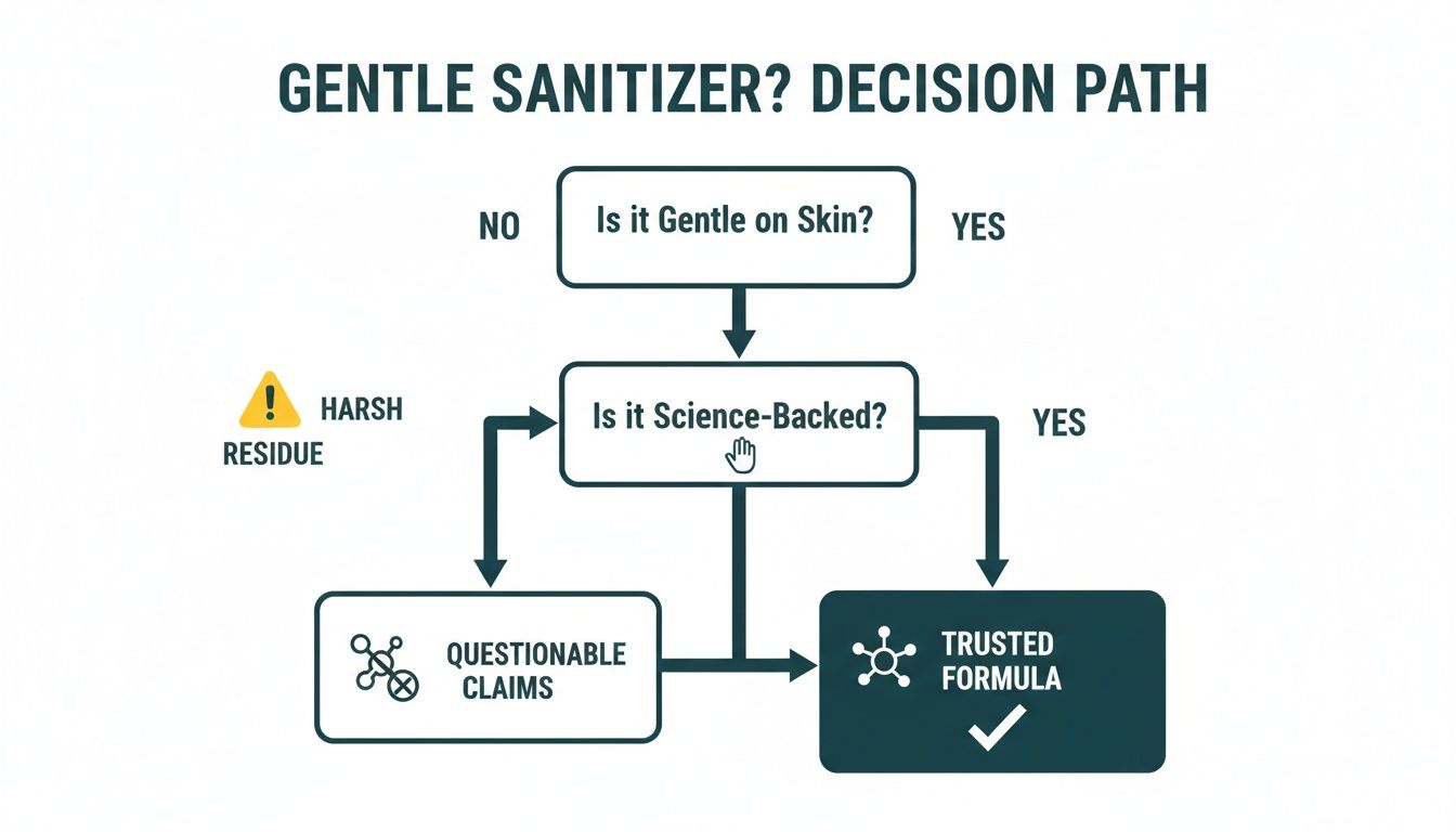 A flowchart illustrates the decision path for gentle sanitizers, evaluating gentleness on skin and scientific backing.