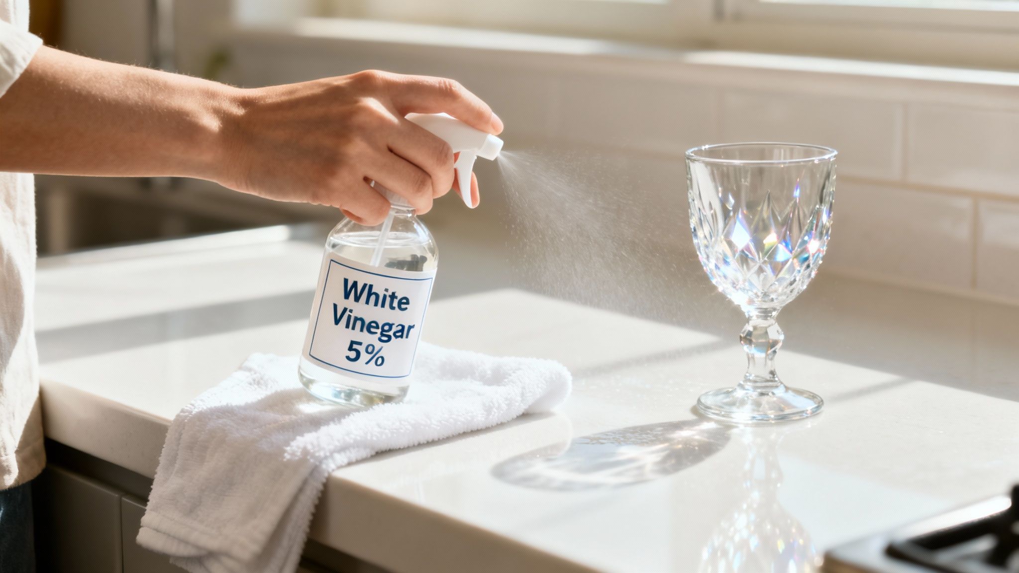 A spray bottle of white vinegar solution sits next to a clean, white countertop.