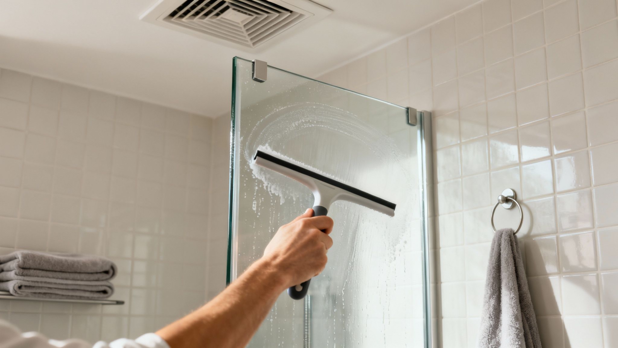 A person's hand uses a squeegee to clean a soapy glass shower door in a white tiled bathroom.