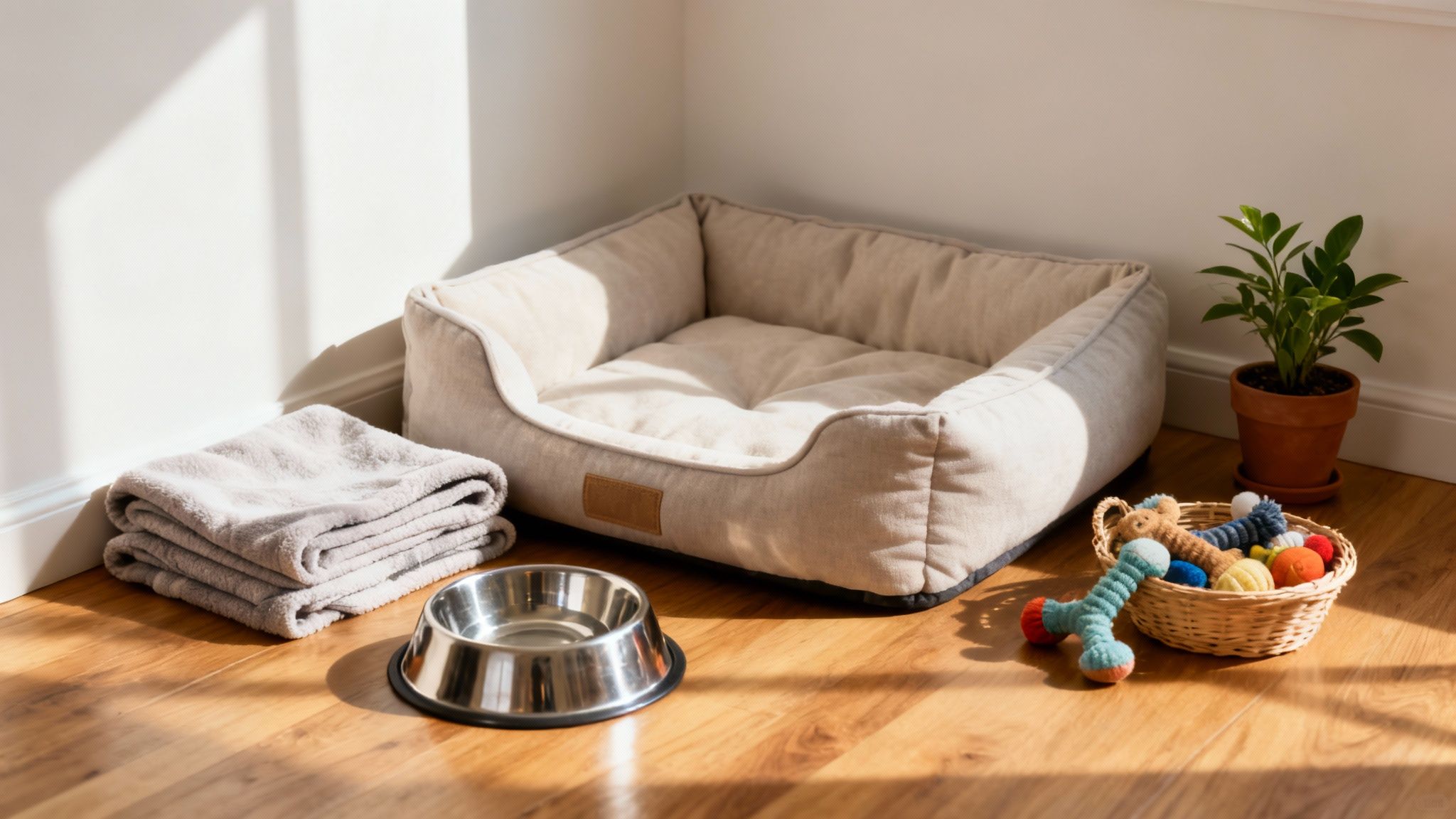 A cozy pet bed, clean towels, food bowl, and toys for a dog or cat in a sunny room.