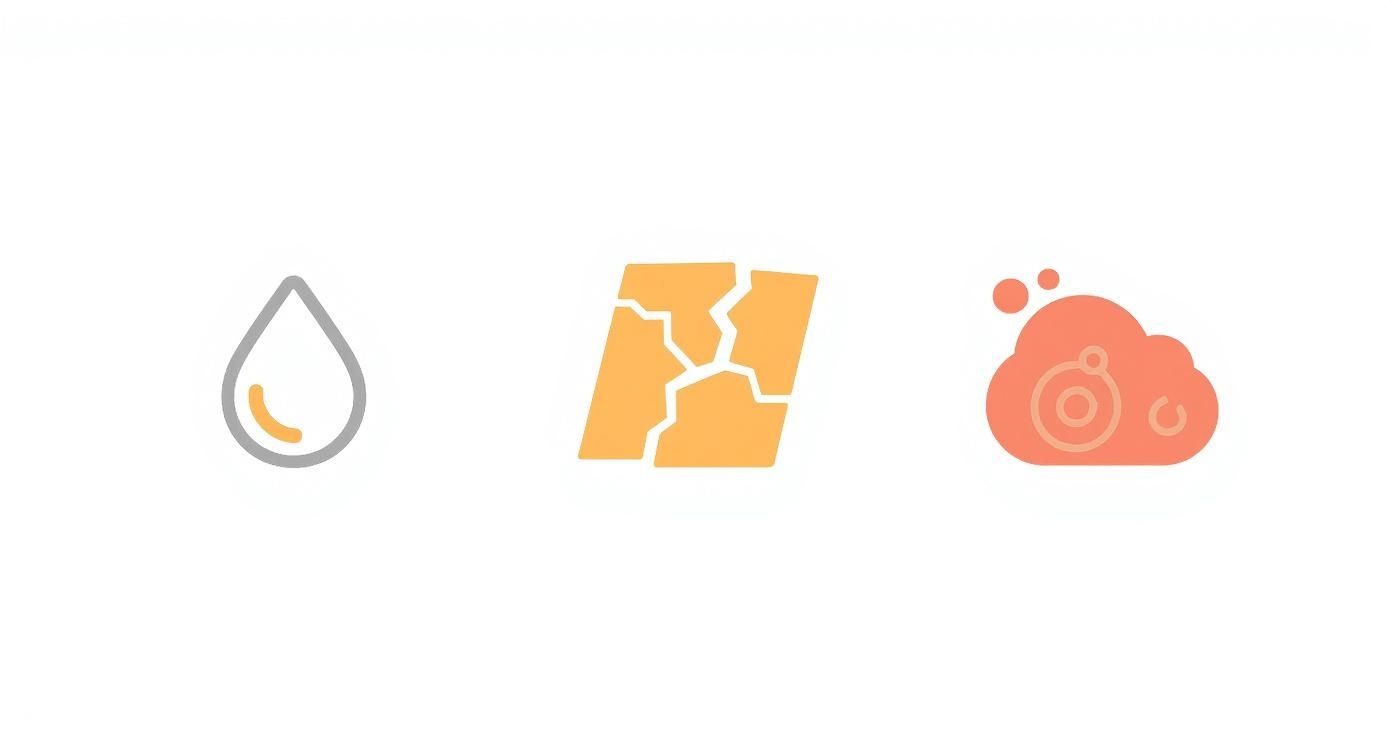 Three stylized icons representing floor care: a water drop, a cracked floor, and a cleaning cloud.