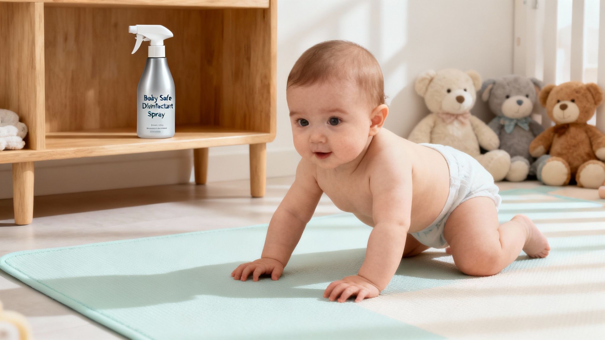 A mother smiling as she cleans a high chair tray with a spray bottle in a brightly lit kitchen.