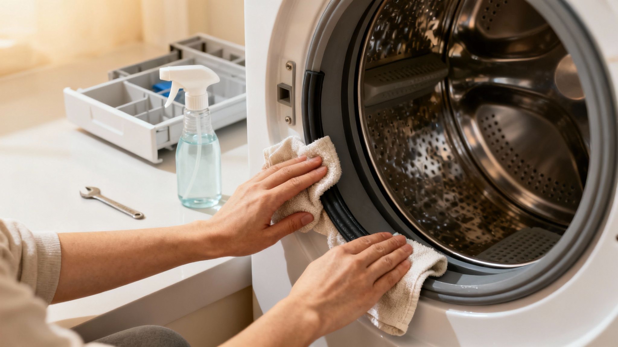 Close-up of hands diligently cleaning the rubber seal of a front-load washing machine with a white towel.