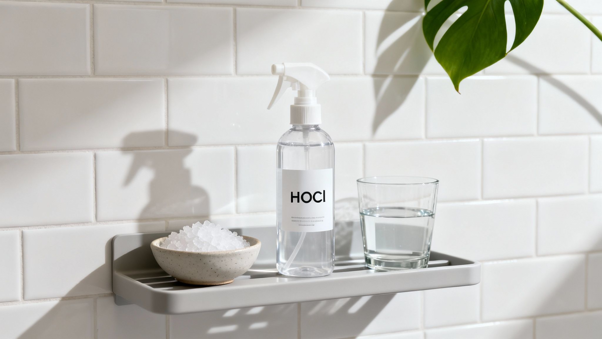 A HOCl spray bottle, bowl of crystals, glass of water, and plant leaf on a tiled wall shelf.