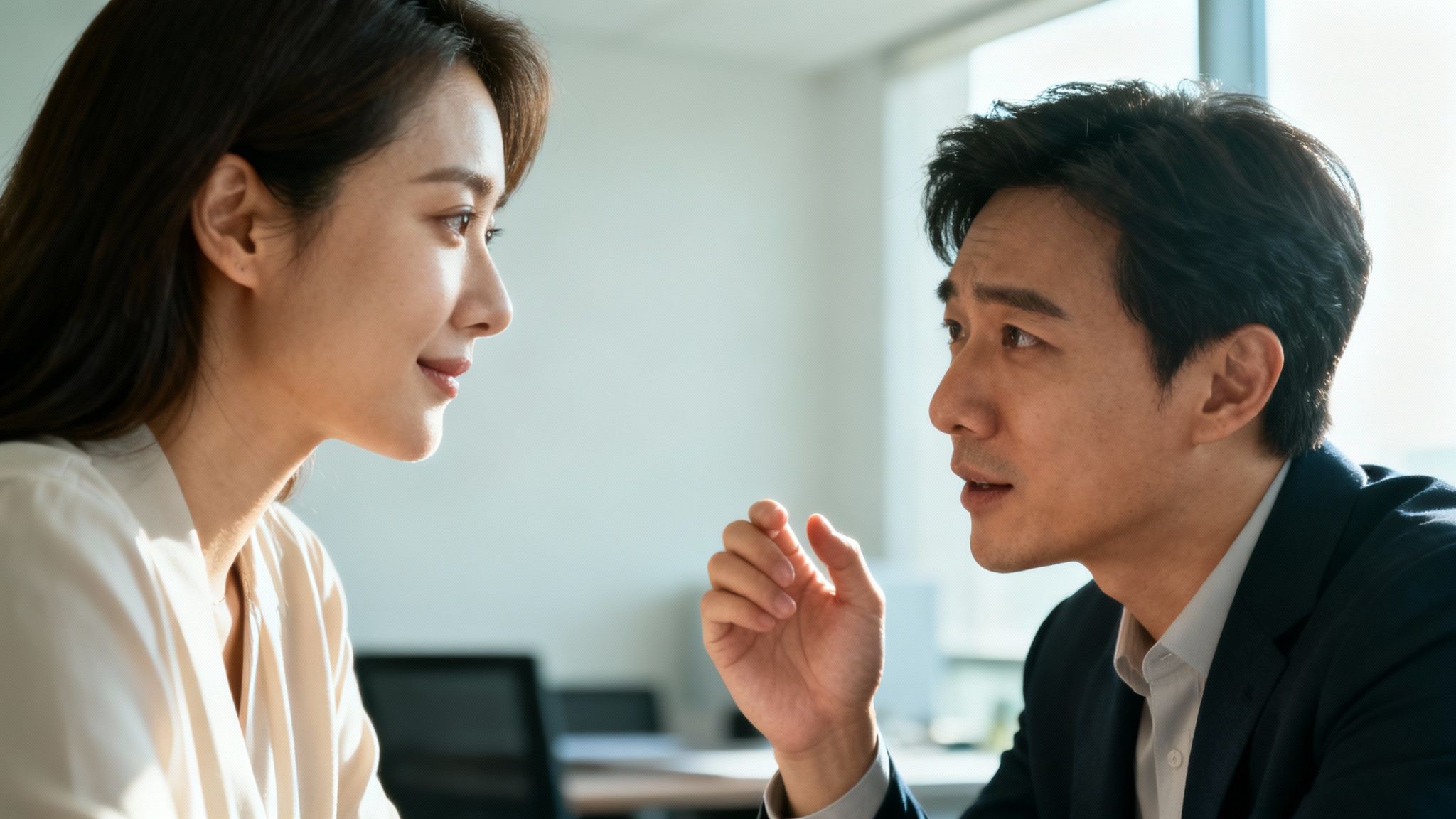 Asian business professionals having engaging conversation in modern office discussing communication strategies