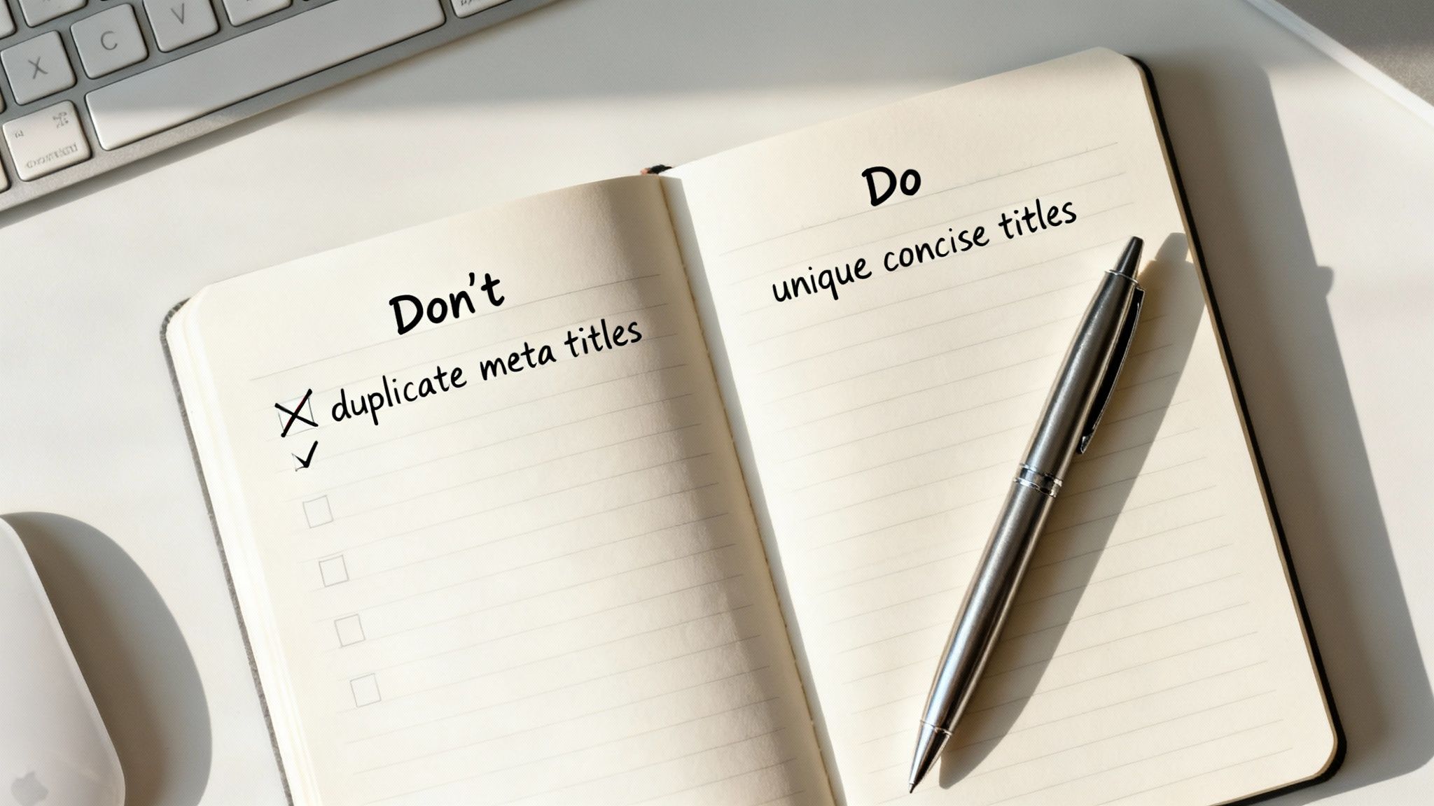 A notebook advising to avoid duplicate meta titles and instead use unique, concise titles for SEO.