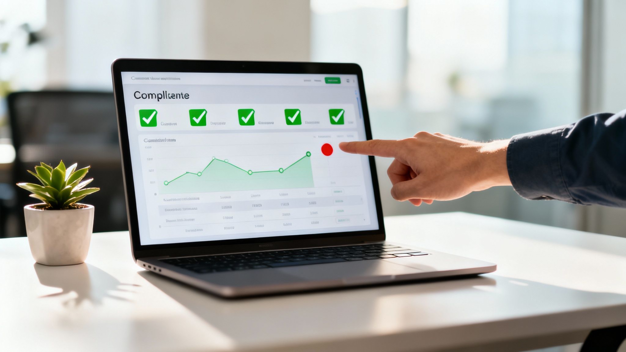 Nahaufnahme einer Hand, die auf einem Laptop ein Compliance‑Dashboard und ein Diagramm zeigt.