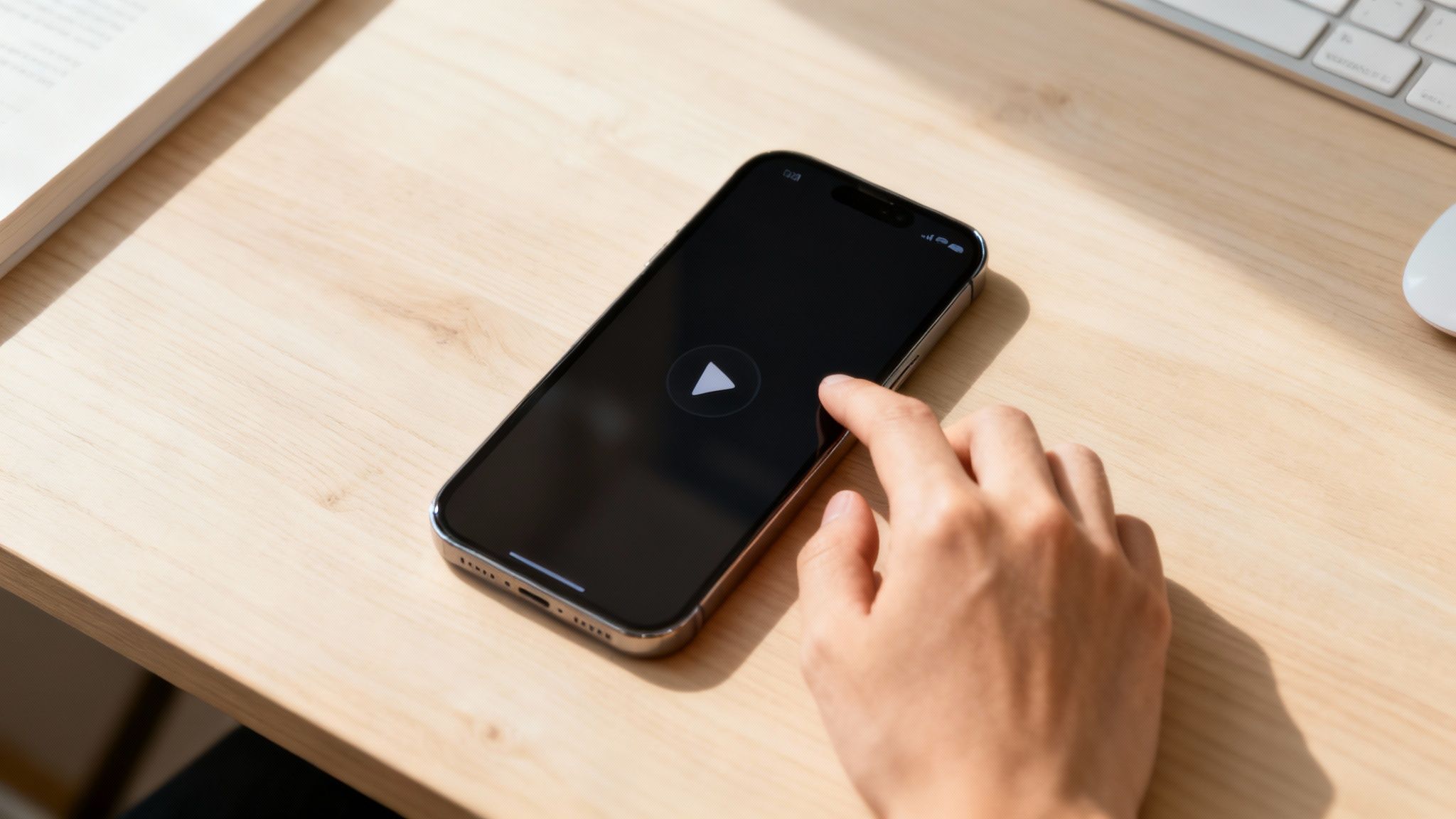 A hand taps a play button on a smartphone screen on a wooden desk, next to a book.