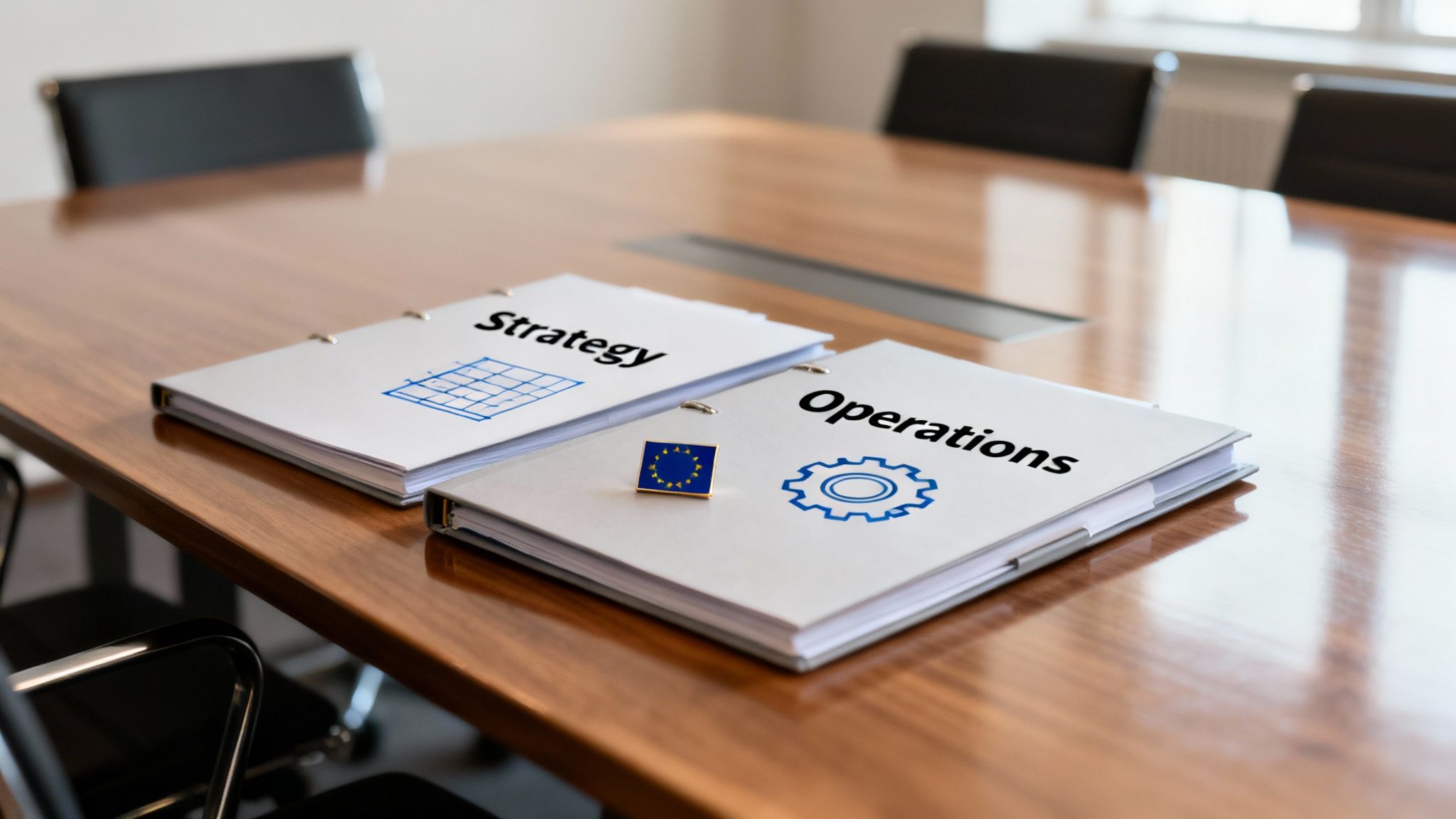 Zwei Ordner mit der Aufschrift 'Strategy' und 'Operations' mit einer EU-Flaggen-Nadel auf einem hölzernen Konferenztisch.