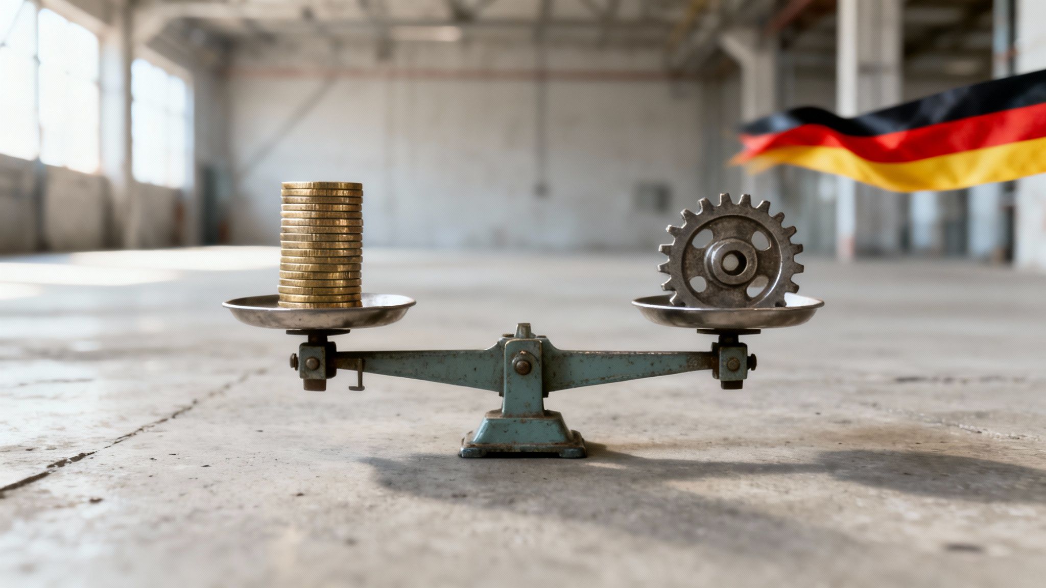 A vintage scale balances a stack of gold coins and a metal gear, with a German flag in the background.