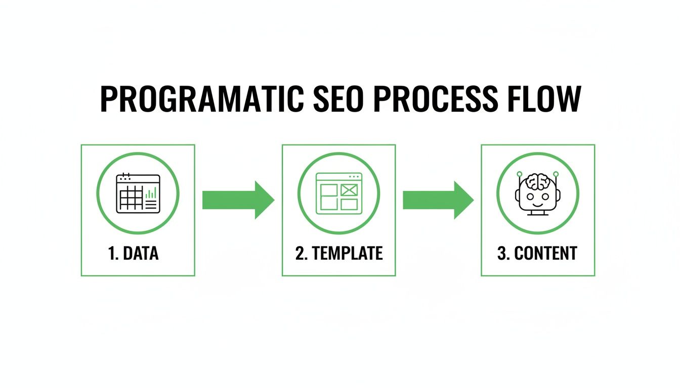Flussdiagramm, das den programmatischen SEO-Prozess mit drei Schritten zeigt: Daten, Template und Inhaltsgenerierung.