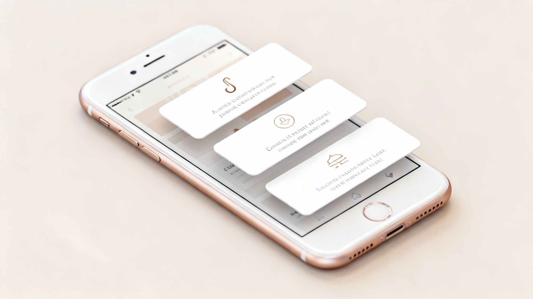 A white iPhone with a rose gold frame showing an app with three floating white cards containing icons and text.