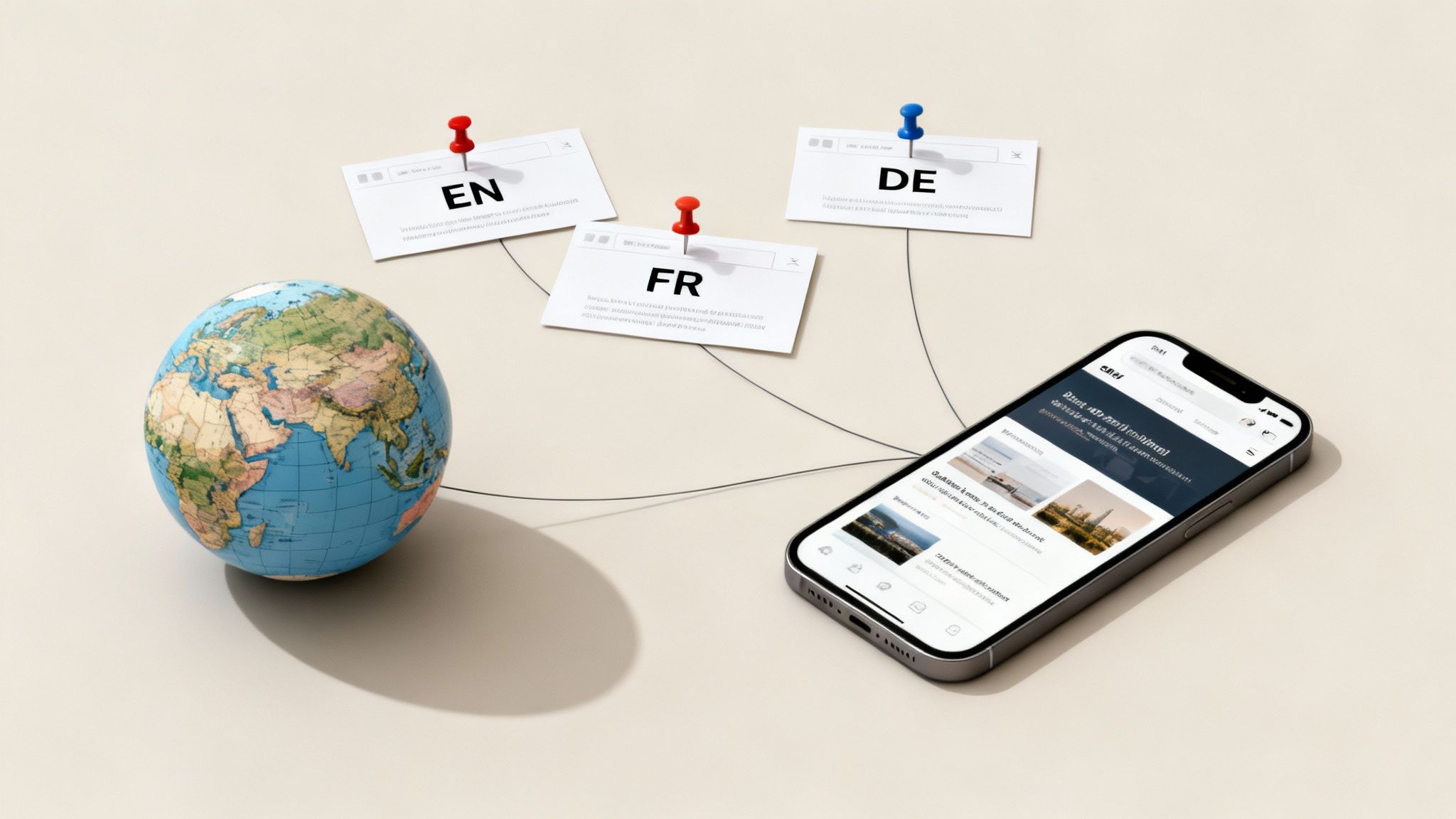 A globe, smartphone, and pinned cards for English, German, French, illustrating global language translation and communication.