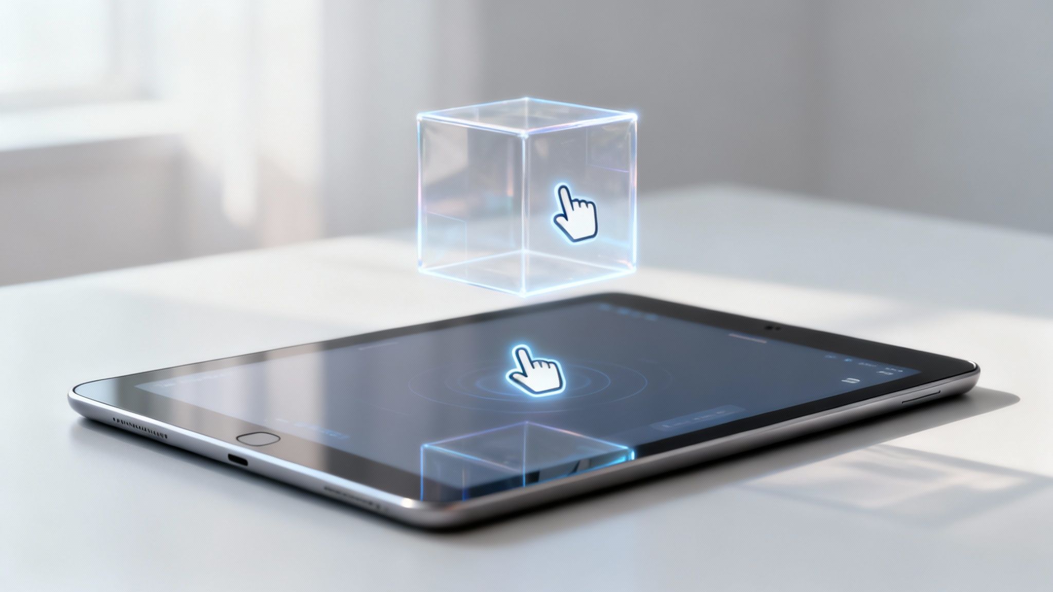 A digital tablet on a white table displays a holographic cursor, with a glowing cube floating above.