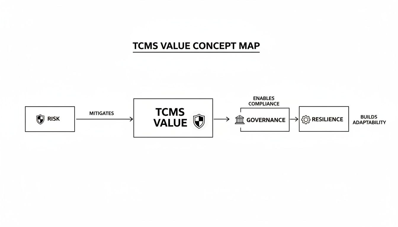 A concept map illustrating TCMS value, showing how it mitigates risk and builds resilience.