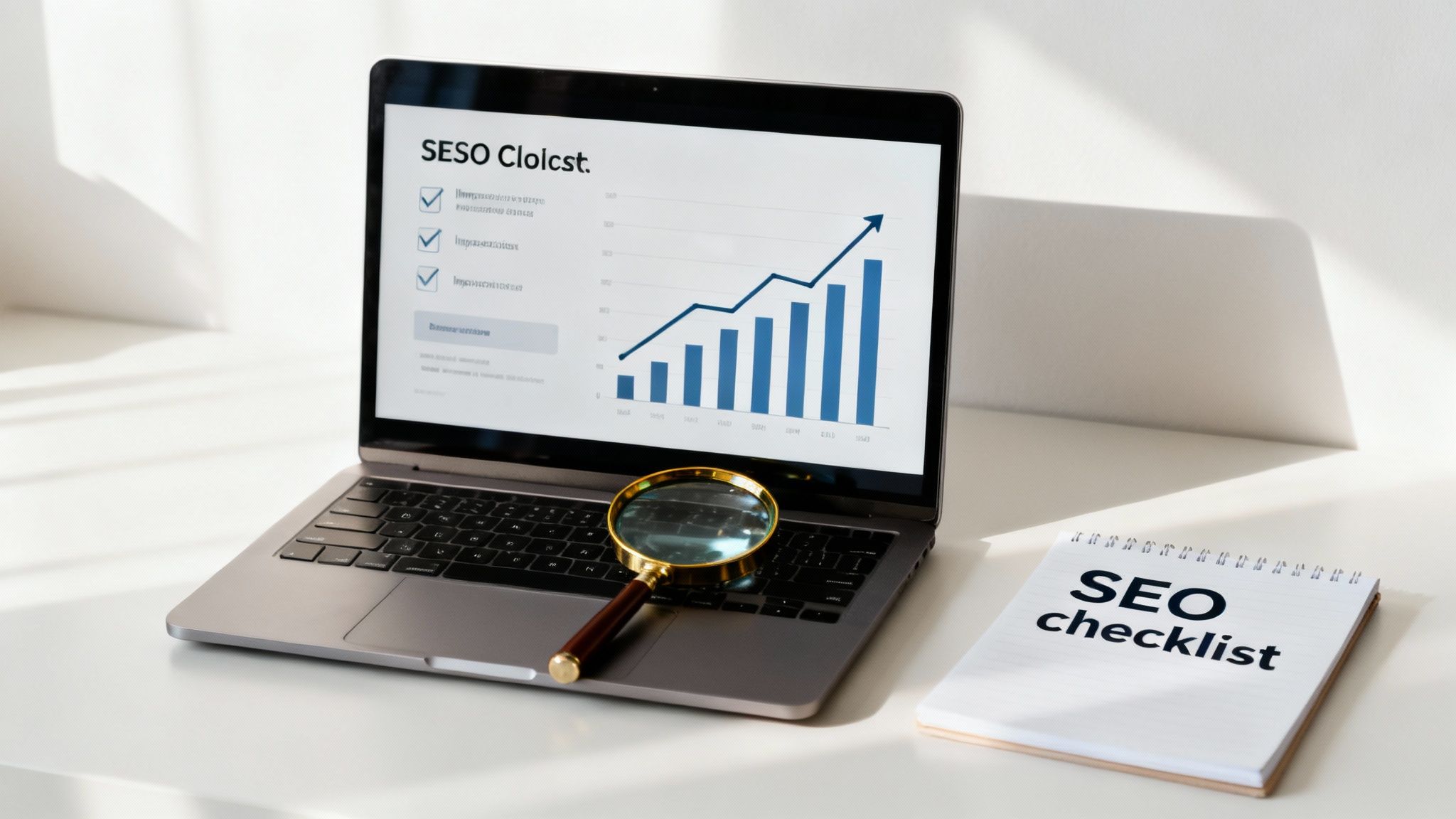 Laptop displaying an SEO checklist and a growth graph, with a magnifying glass and a physical SEO checklist notebook.