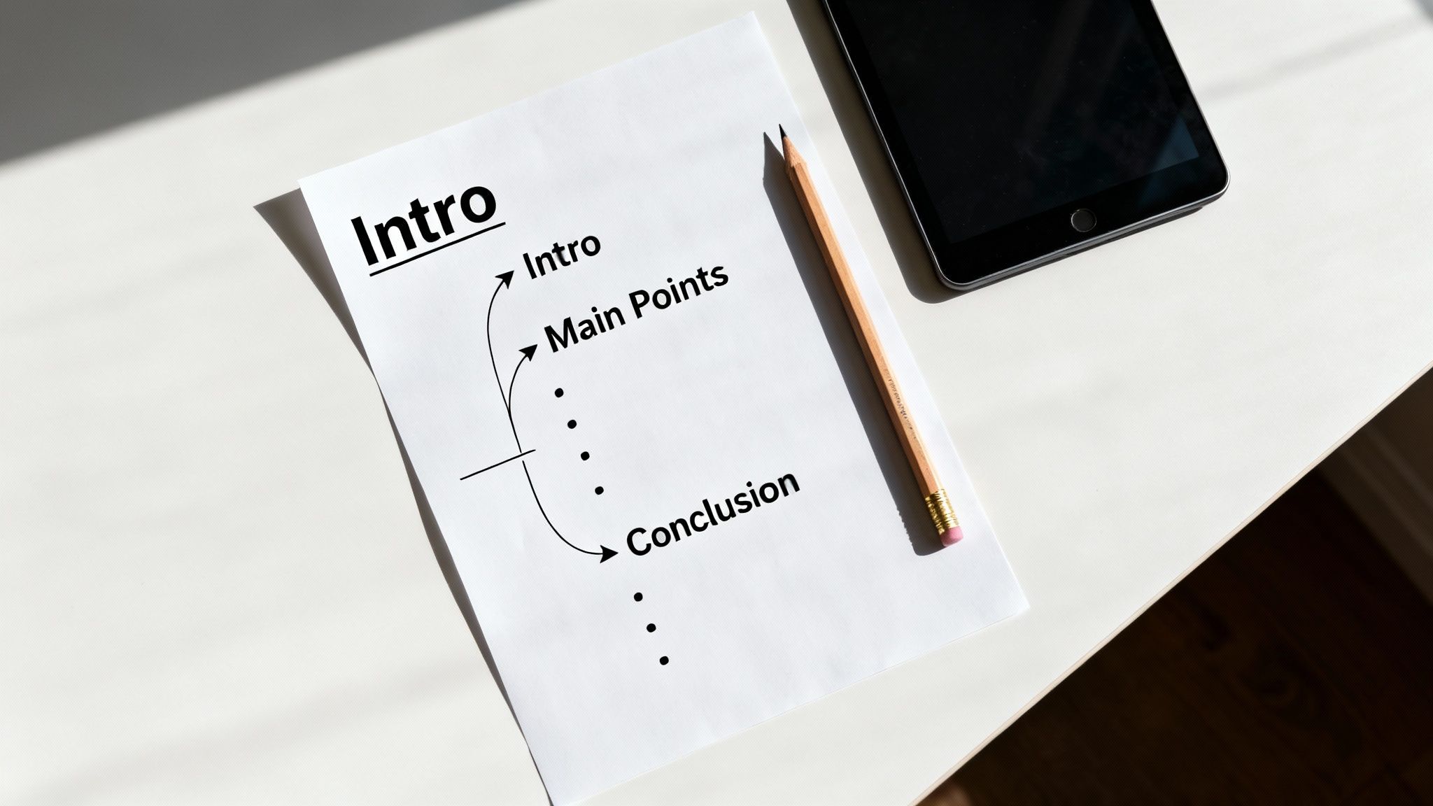 Diagram on paper illustrating 'Intro', 'Main Points', and 'Conclusion' content structure, alongside a pencil and tablet.
