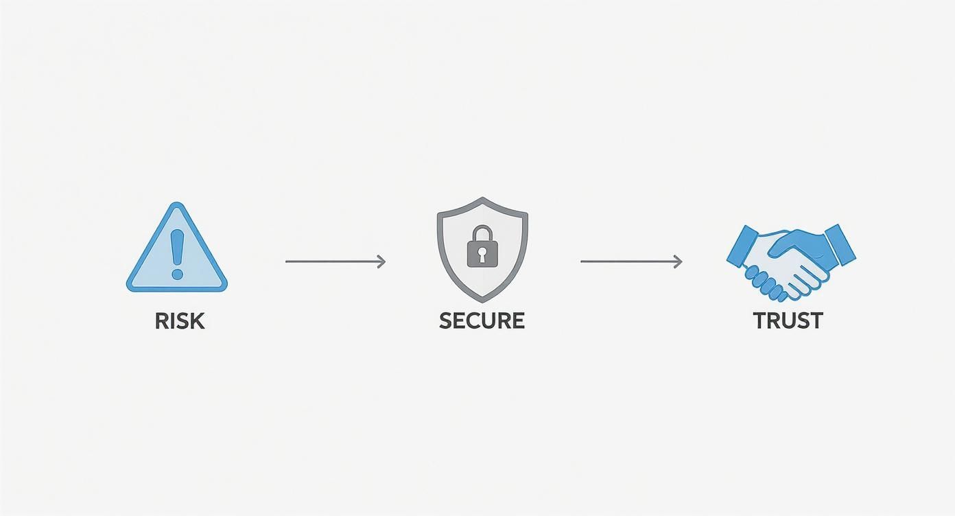 A conceptual diagram showing a path from risk to security, ultimately building trust, using icons.