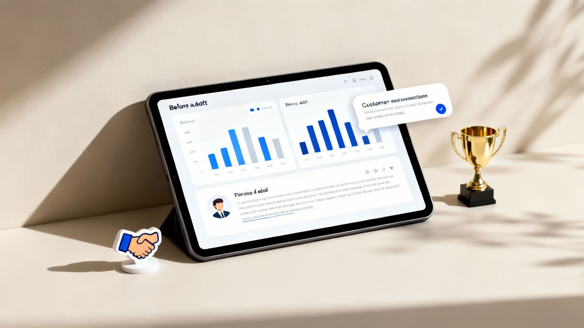 A tablet displays business analytics with graphs, a customer message, a trophy, and a handshake icon.