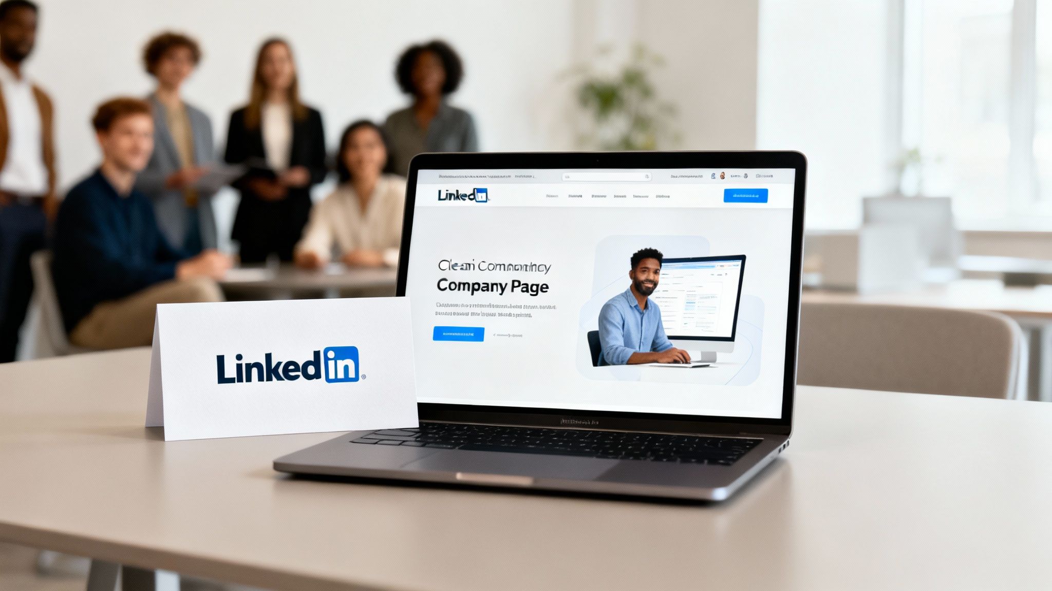 A laptop displays the LinkedIn company page, with a LinkedIn table card and a team in the background.