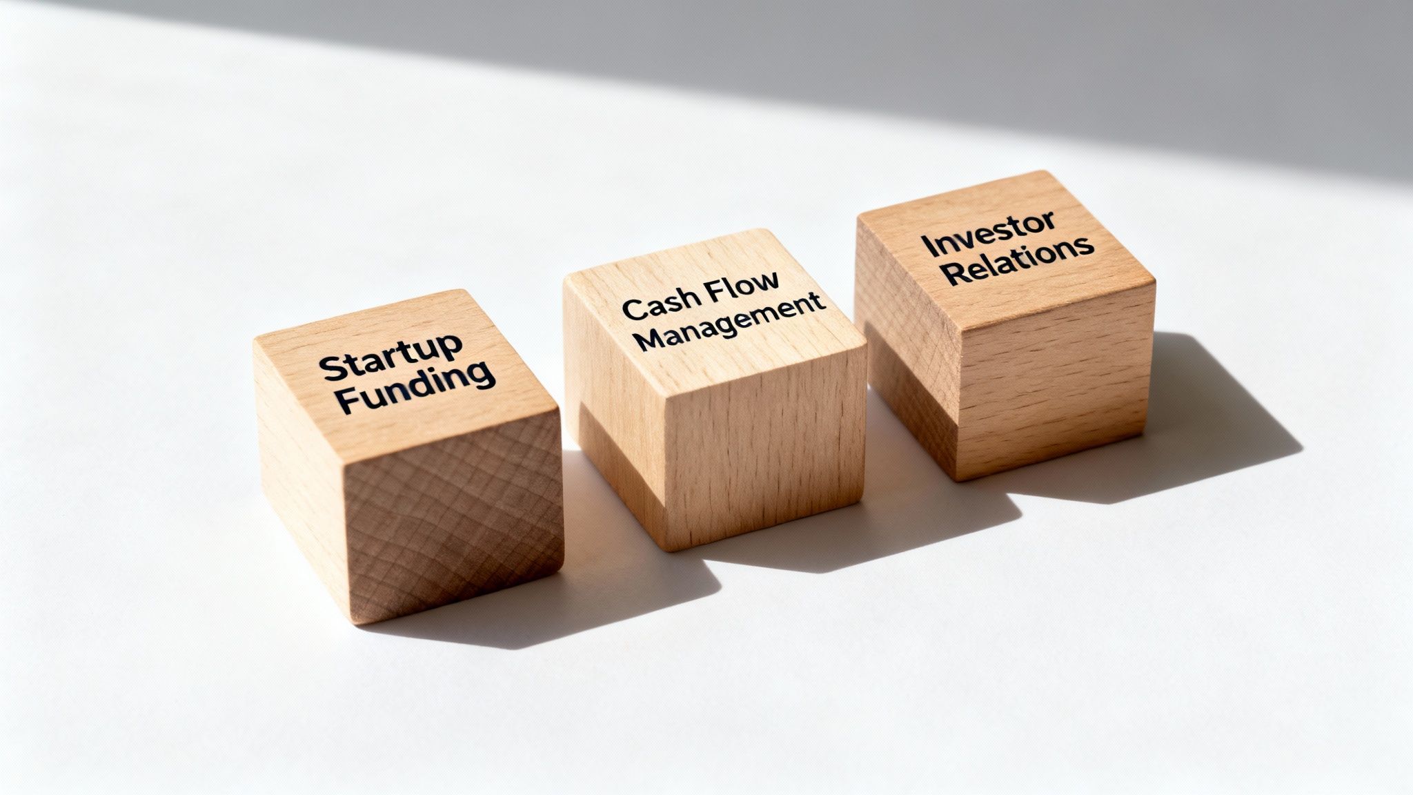 Three wooden blocks showing business concepts: Startup Funding, Cash Flow Management, and Investor Relations.