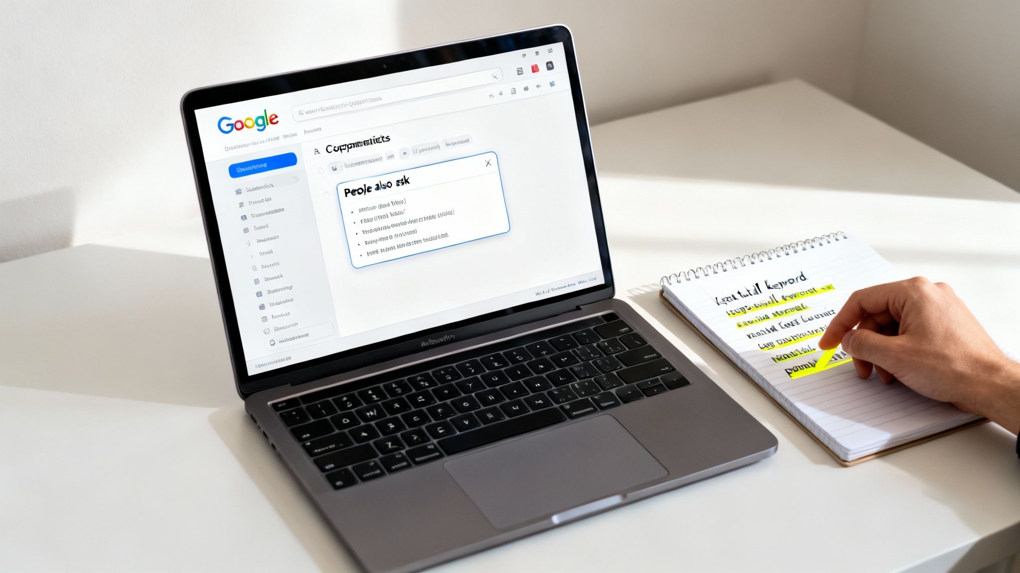 A person highlights 'long tail keyword' notes in a notebook while researching on a laptop.