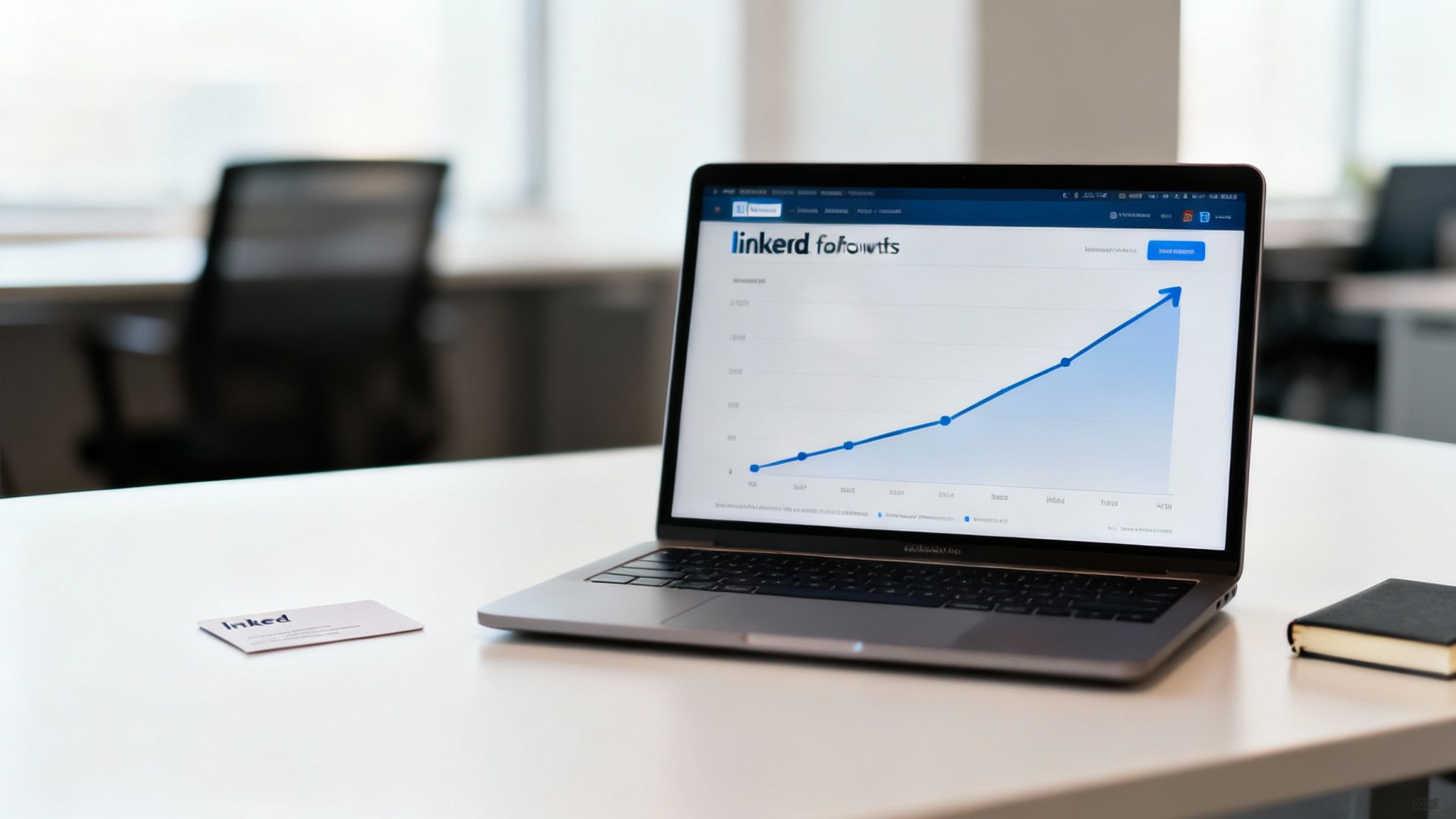 A laptop on a white desk displays a rising line graph indicating growth in Linkerd followers, next to a business card and notebook.