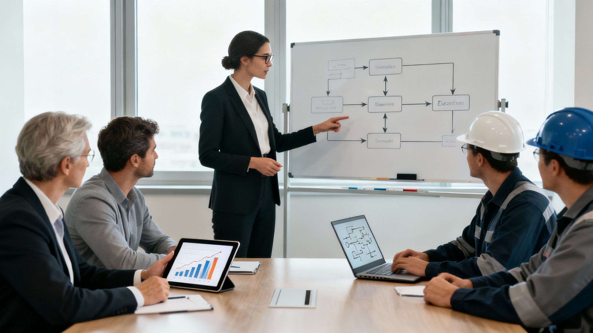 Eine Business-Analystin präsentiert ein Flussdiagramm vor unterschiedlichen Kollegen in einem modernen Besprechungsraum.