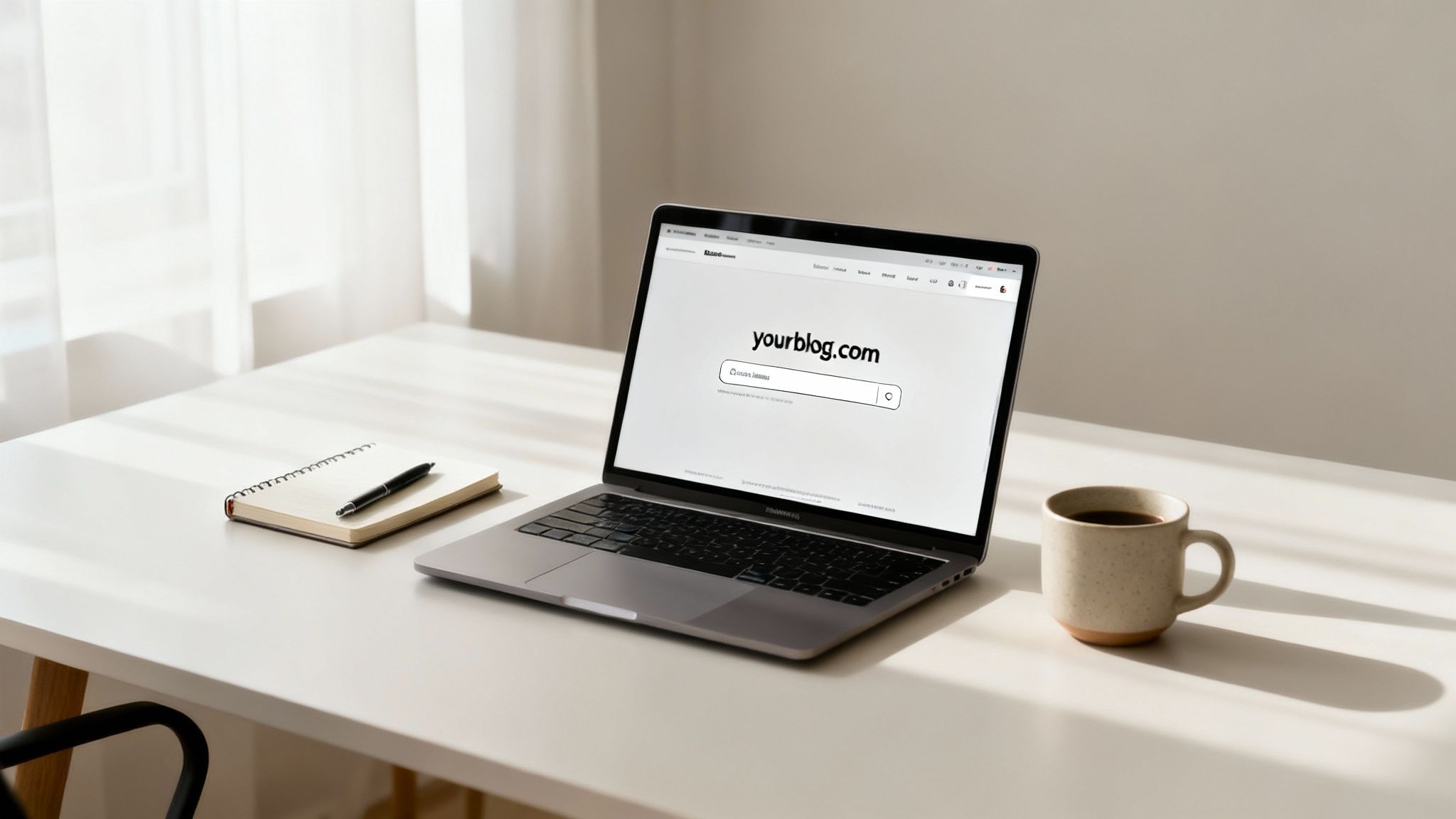 A clean workspace featuring a laptop displaying a blog website, a notebook, pen, and coffee mug.