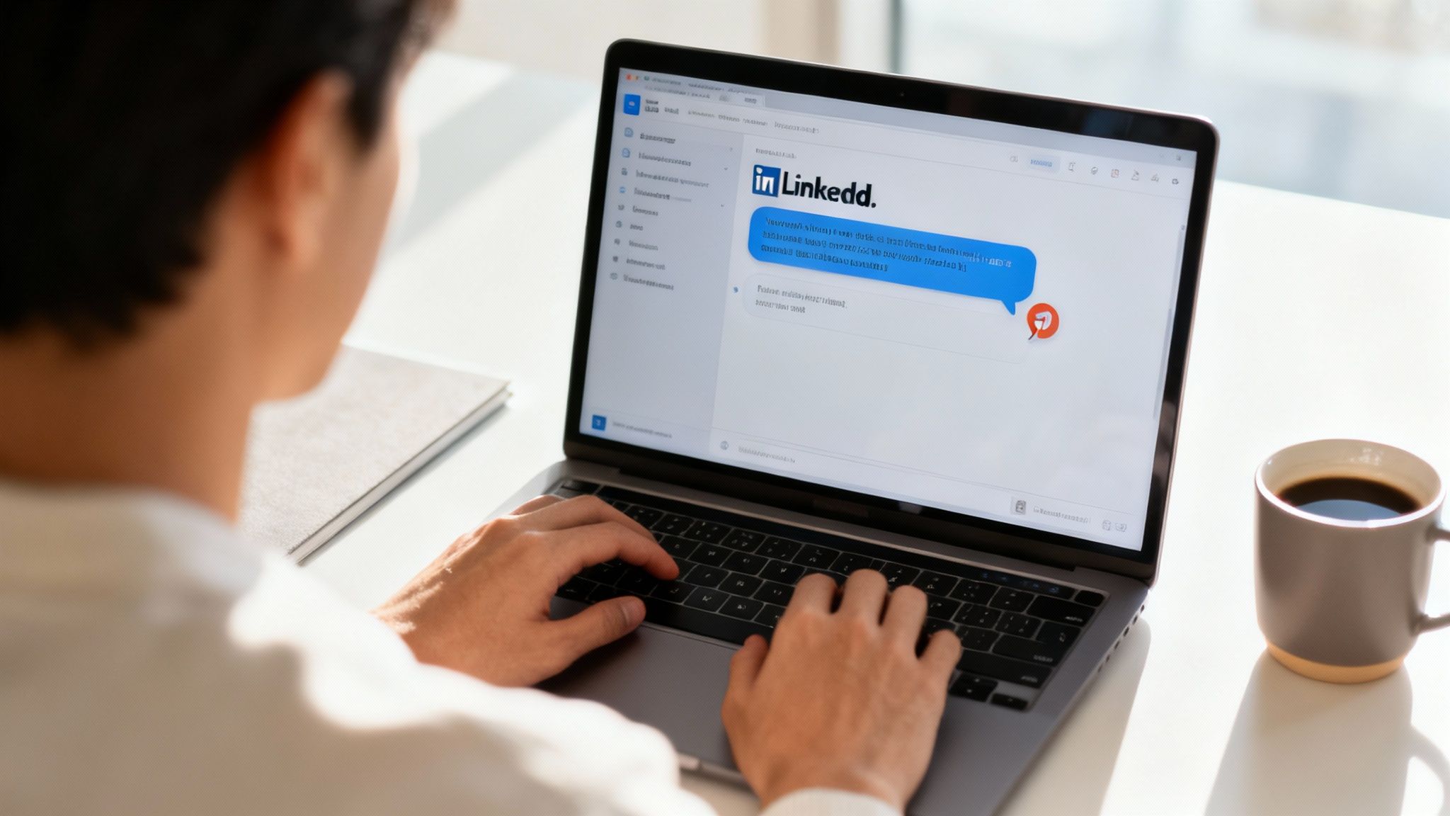 A person typing on a laptop displaying a LinkedIn message, with a coffee mug on a white desk.