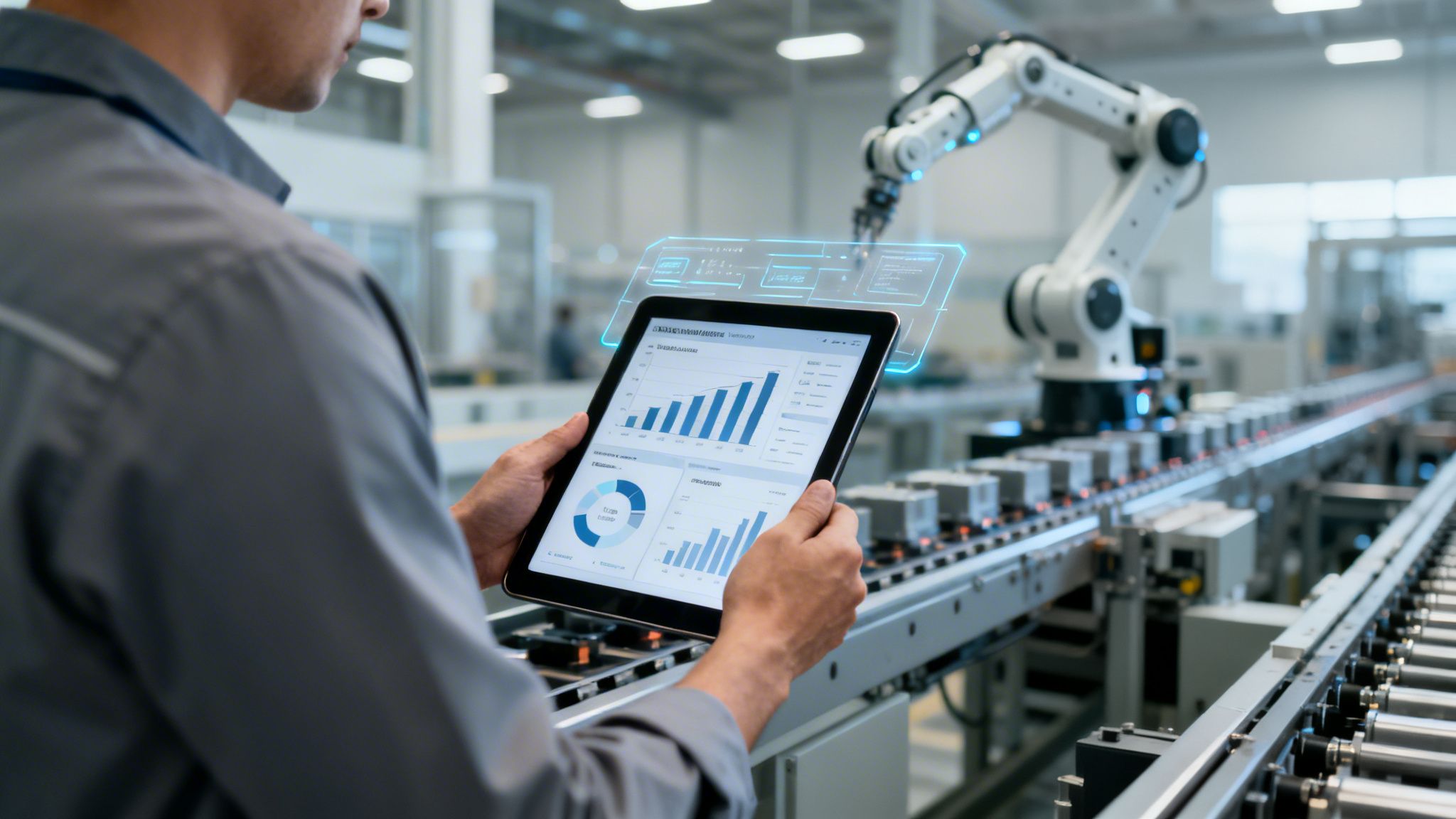 A man monitors factory operations using a tablet with data visualizations, overlooking a robotic arm and conveyor belt.