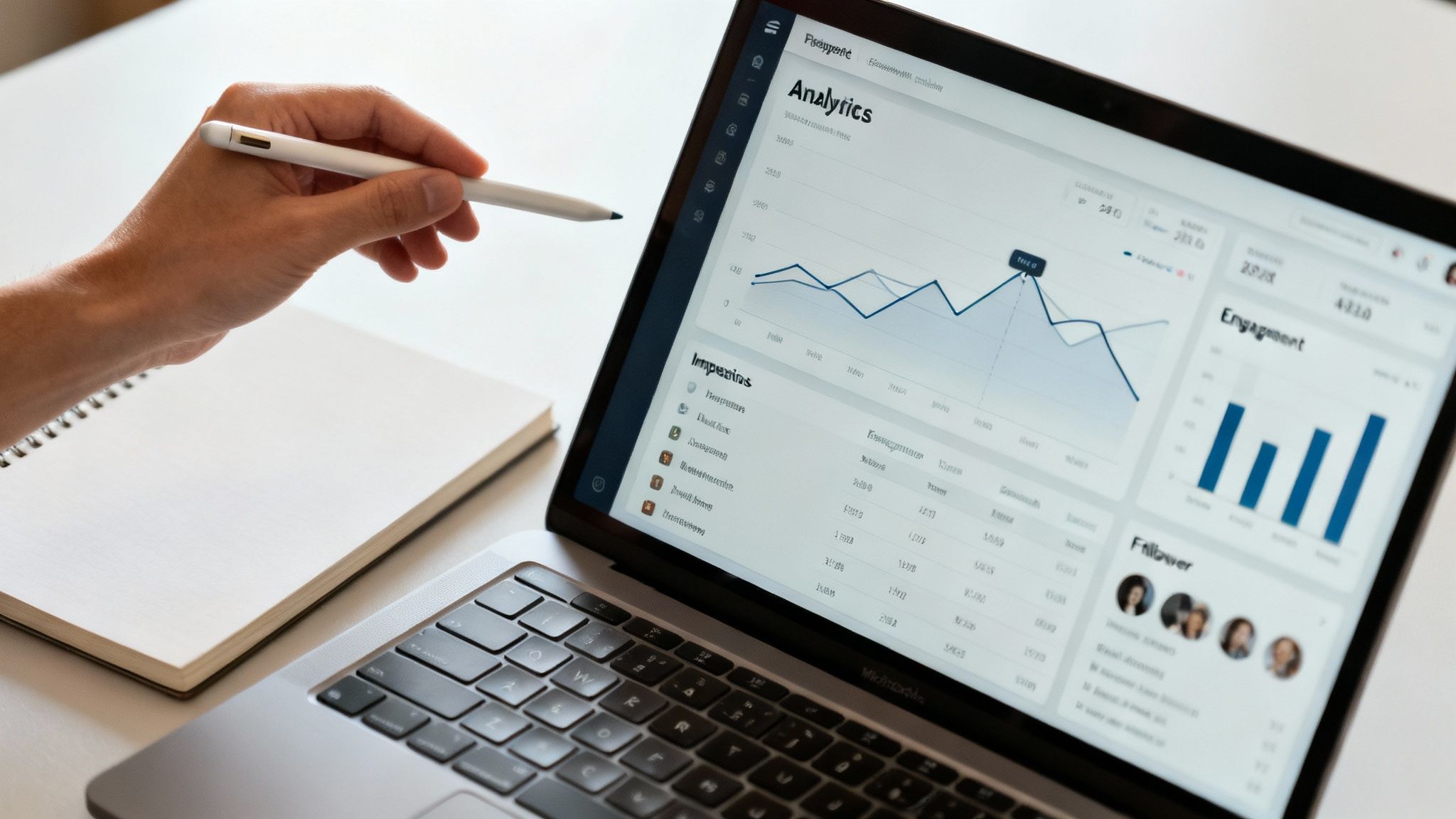 A hand holding a stylus points at a laptop screen displaying business analytics data and graphs.