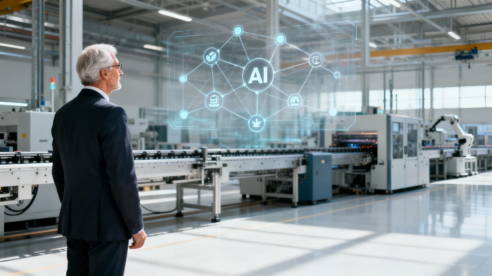 Ein älterer Geschäftsmann betrachtet eine holografische KI‑Netzwerkoberfläche in einer modernen Fabrikumgebung.