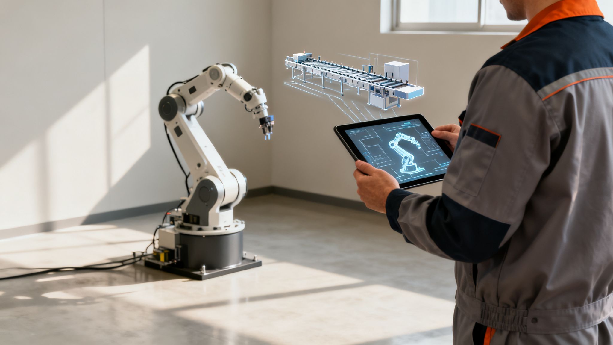 Engineer uses a tablet to control a robotic arm and visualize a digital twin factory layout.