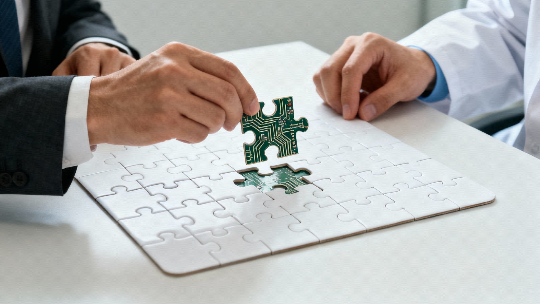 Two professionals collaborating, fitting a circuit board puzzle piece into a white jigsaw puzzle.