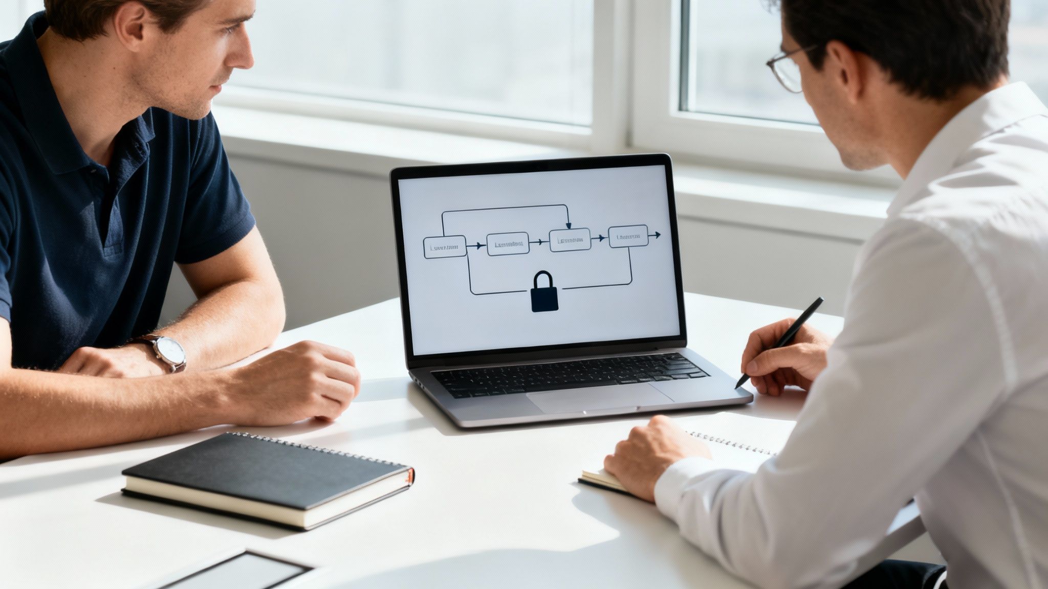 Zwei Männer besprechen ein Cyber‑Security‑Diagramm mit einem Vorhängeschloss‑Symbol auf einem Laptop, einer macht Notizen.