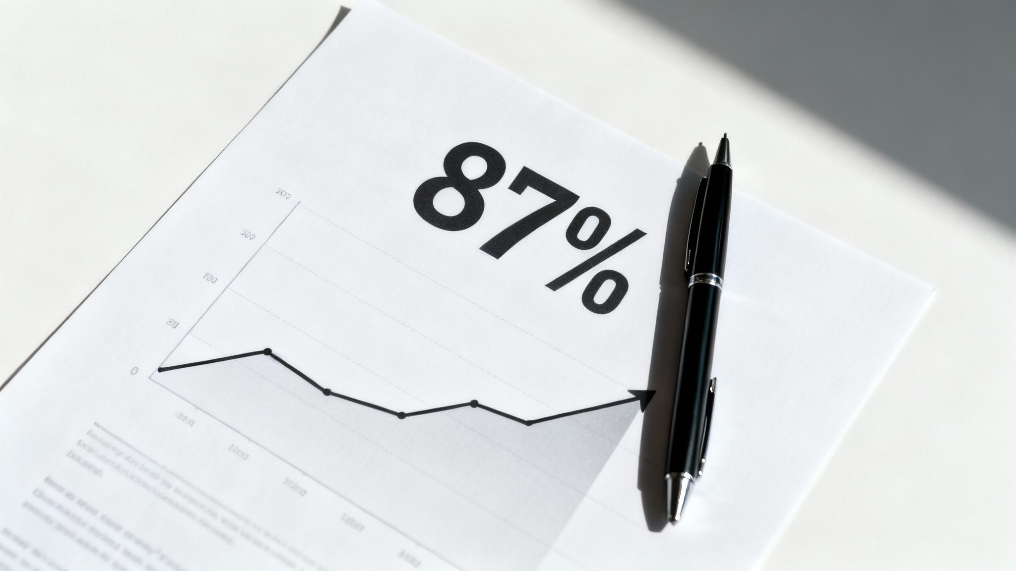 A financial report with an 87% statistic and a line graph showing a positive trend, next to a black pen.