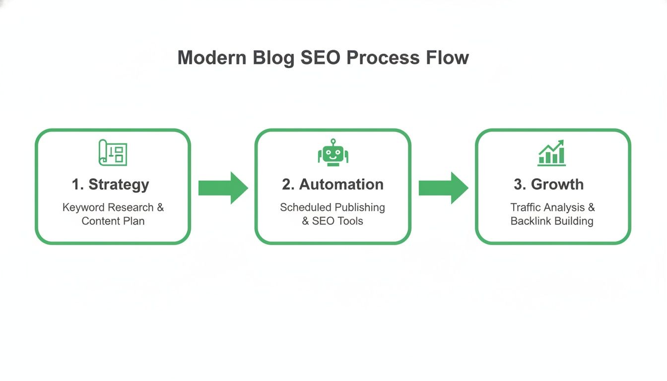 Flowchart illustrating the modern blog SEO process: Strategy, Automation, and Growth stages with key activities.