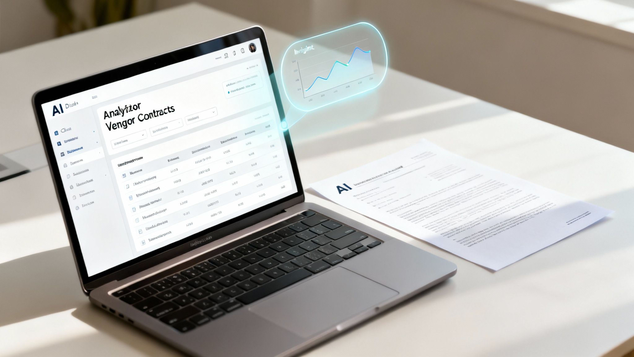 Ein Laptop zeigt KI-Vertragsanalyse-Software mit einem holografischen Datenchart und einem Dokument.