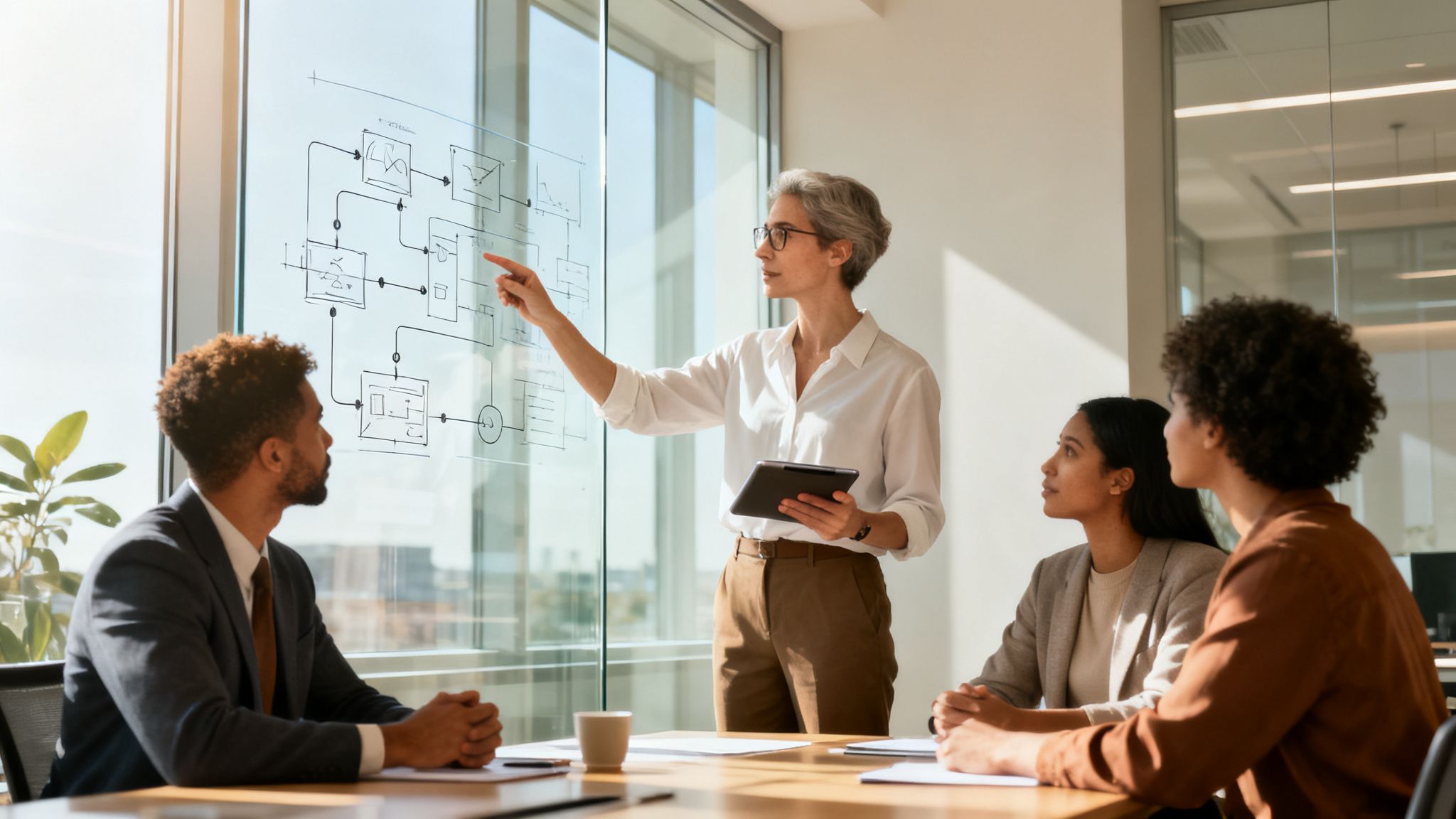A female consultant points at a flowchart on a glass board during a meeting with diverse colleagues.