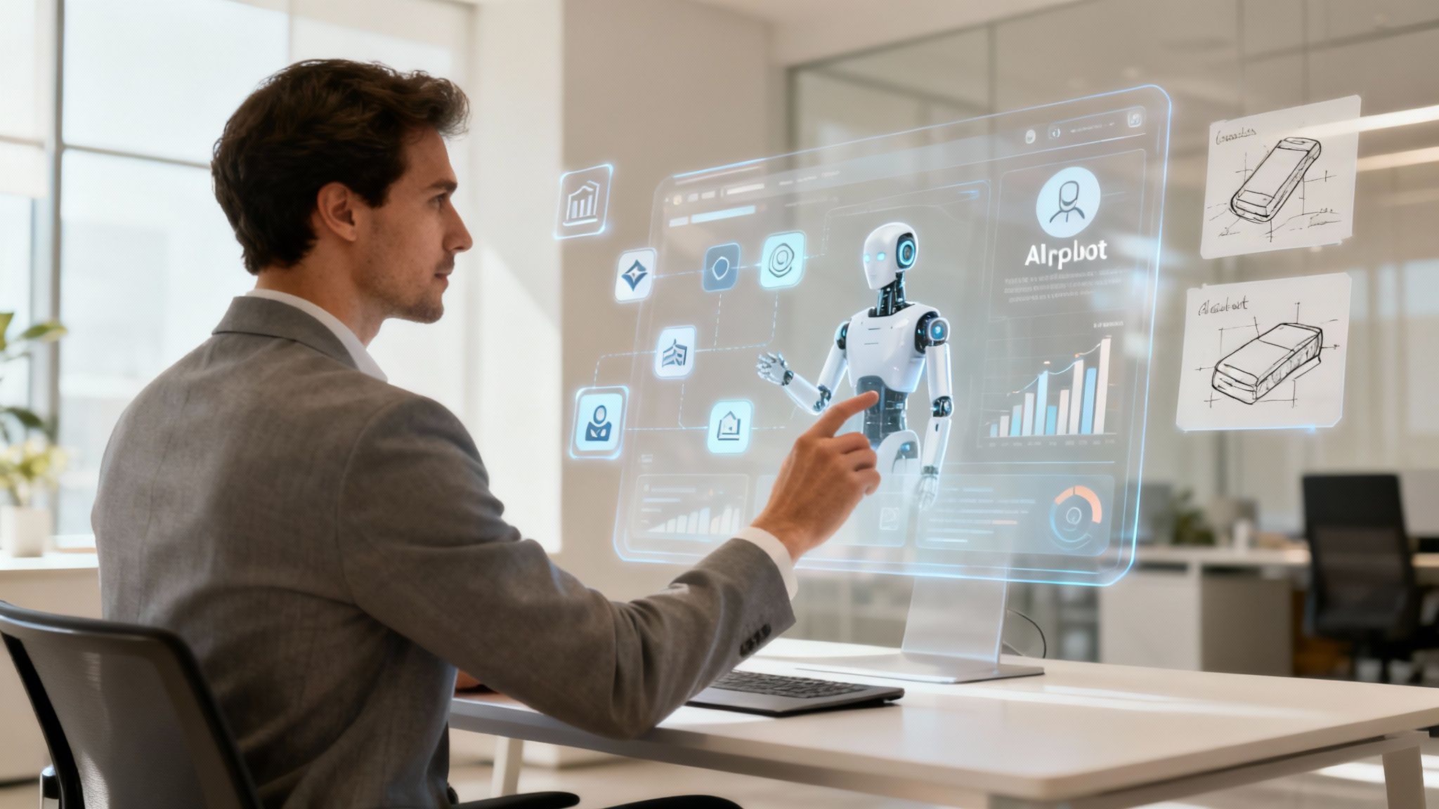 Professional man uses an advanced holographic AI interface with a robot in a bright office setting.