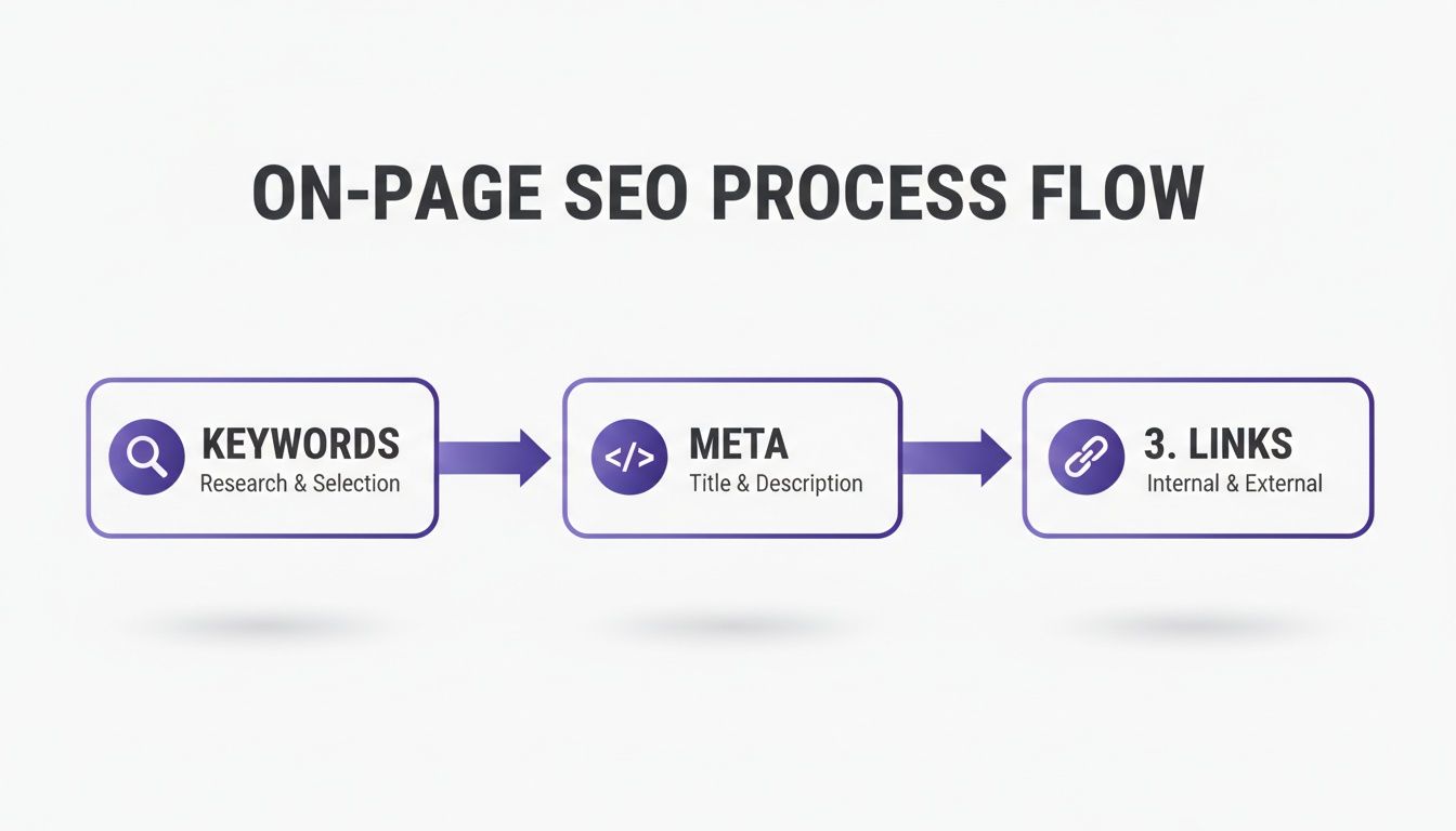 On-page SEO process flow diagram showing steps for keywords, meta, and internal/external links.