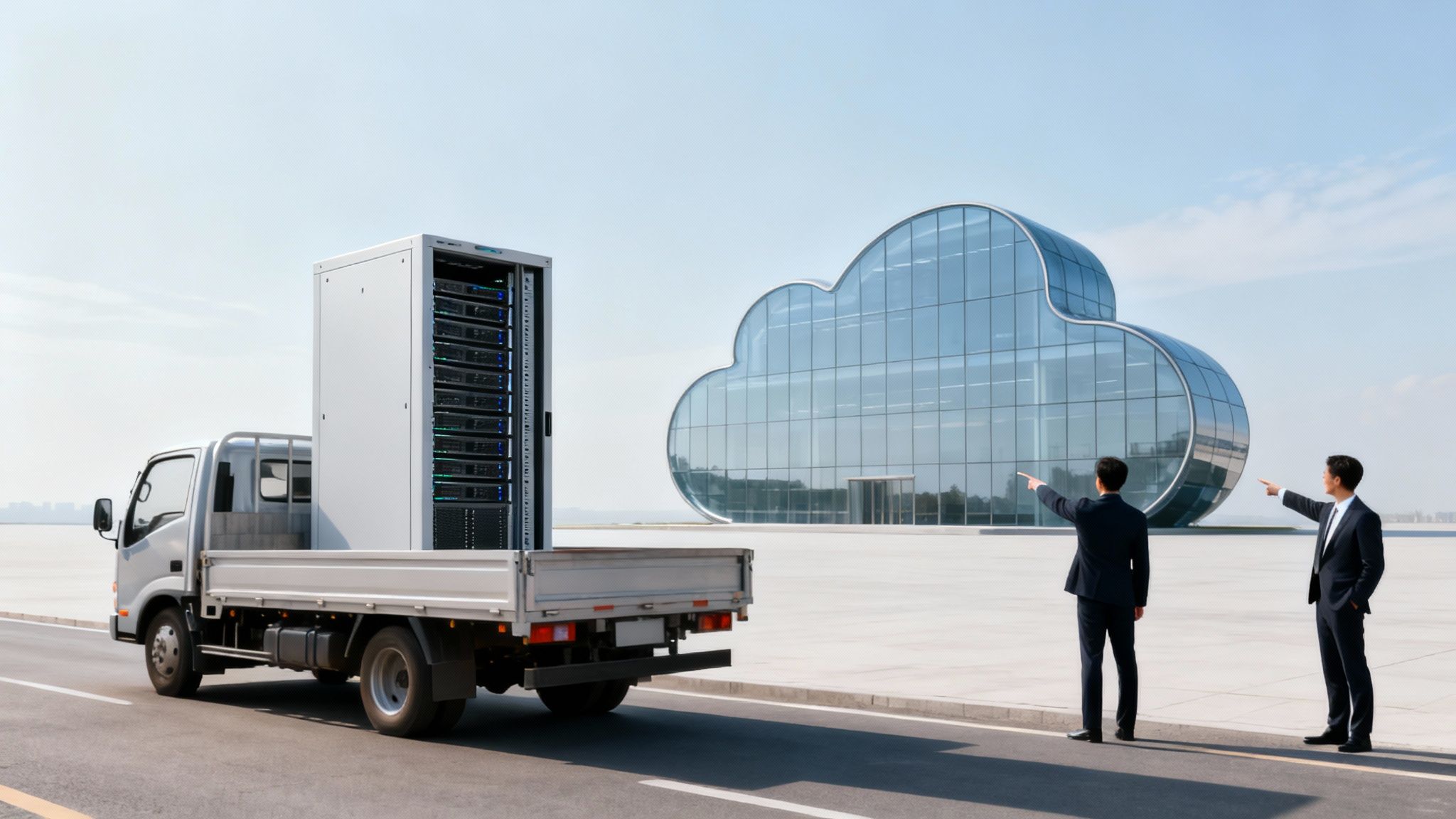 A truck carries a server rack as two businessmen point towards a modern cloud-shaped building.